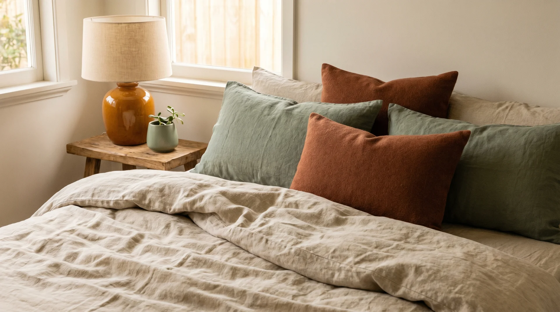Oat linen bed with muted sage and rust colour-blocked cushions and a warm amber ceramic bedside lamp 