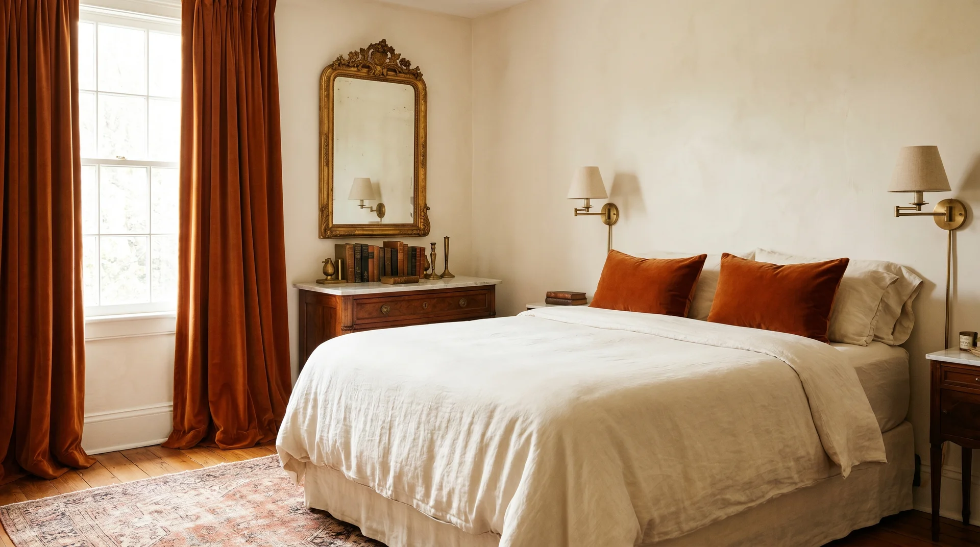 Old-world bedroom with cinnamon velvet curtains, cream walls, antique mirror, and brass wall sconces beside bed
