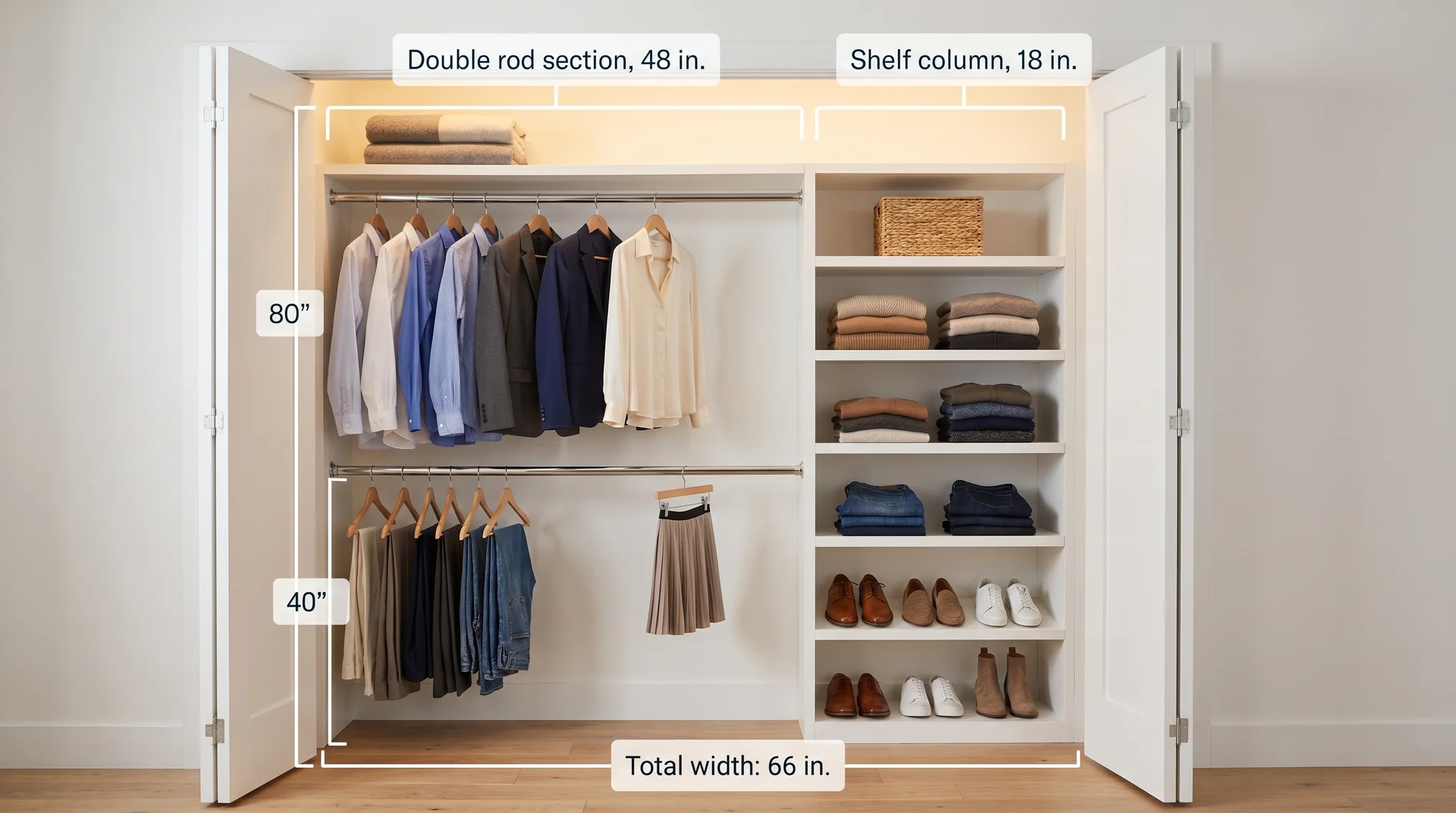 One-person reach-in closet with a labeled 48-inch double-rod section and a shelving column for shoes and folded clothes