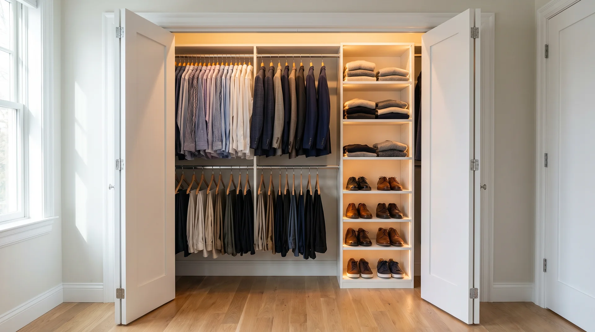 Organized reach-in bedroom closet with double hanging rods, shelving column, and warm LED strip lighting under the top shelf.