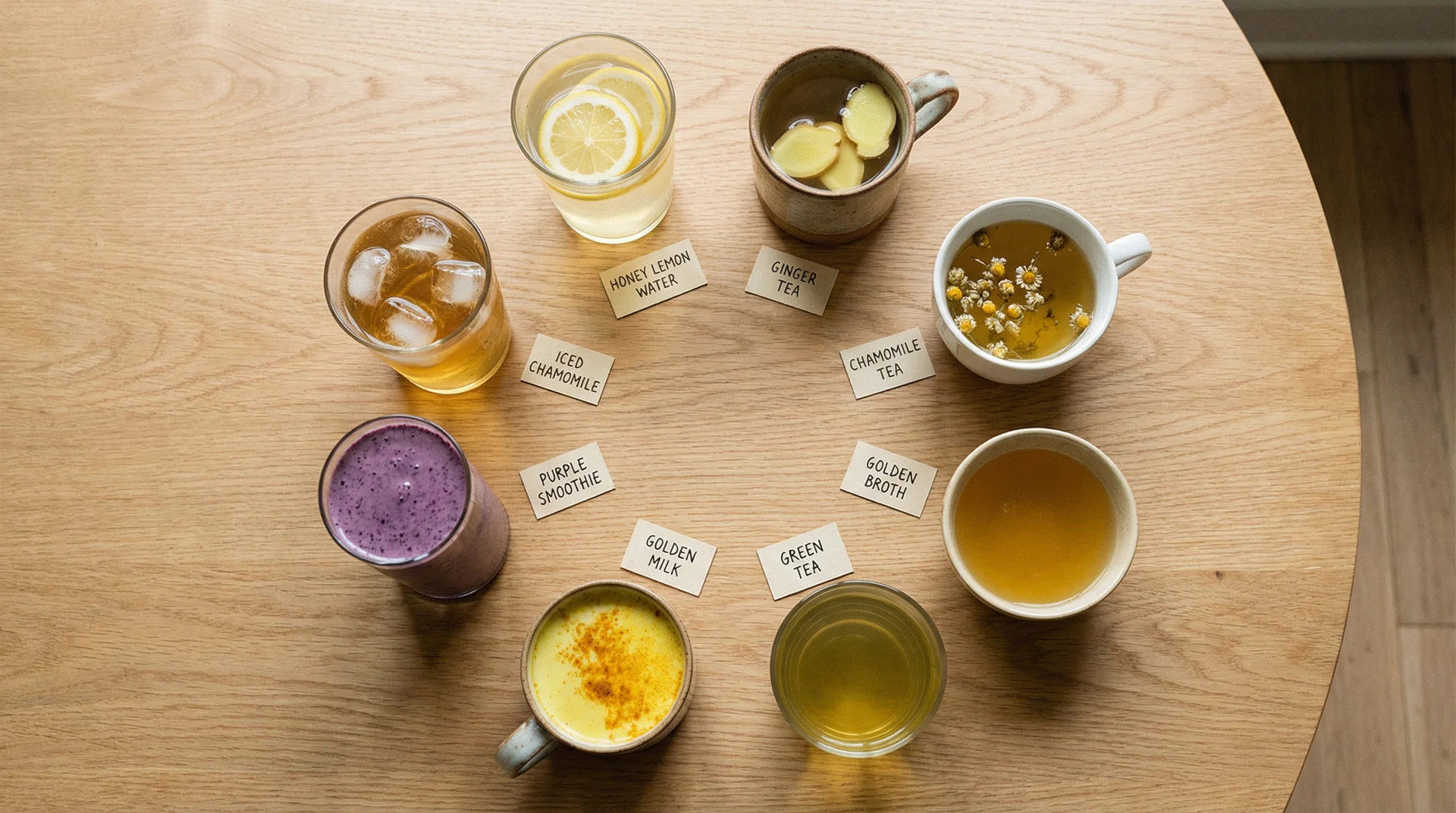 Overhead flat-lay of eight best sore throat drinks including honey lemon water, ginger tea, broth, and golden milk