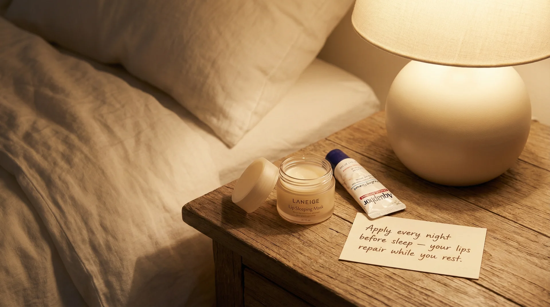 Overnight lip mask and balm on bedside table showing nighttime lip hydration routine for dry lips 