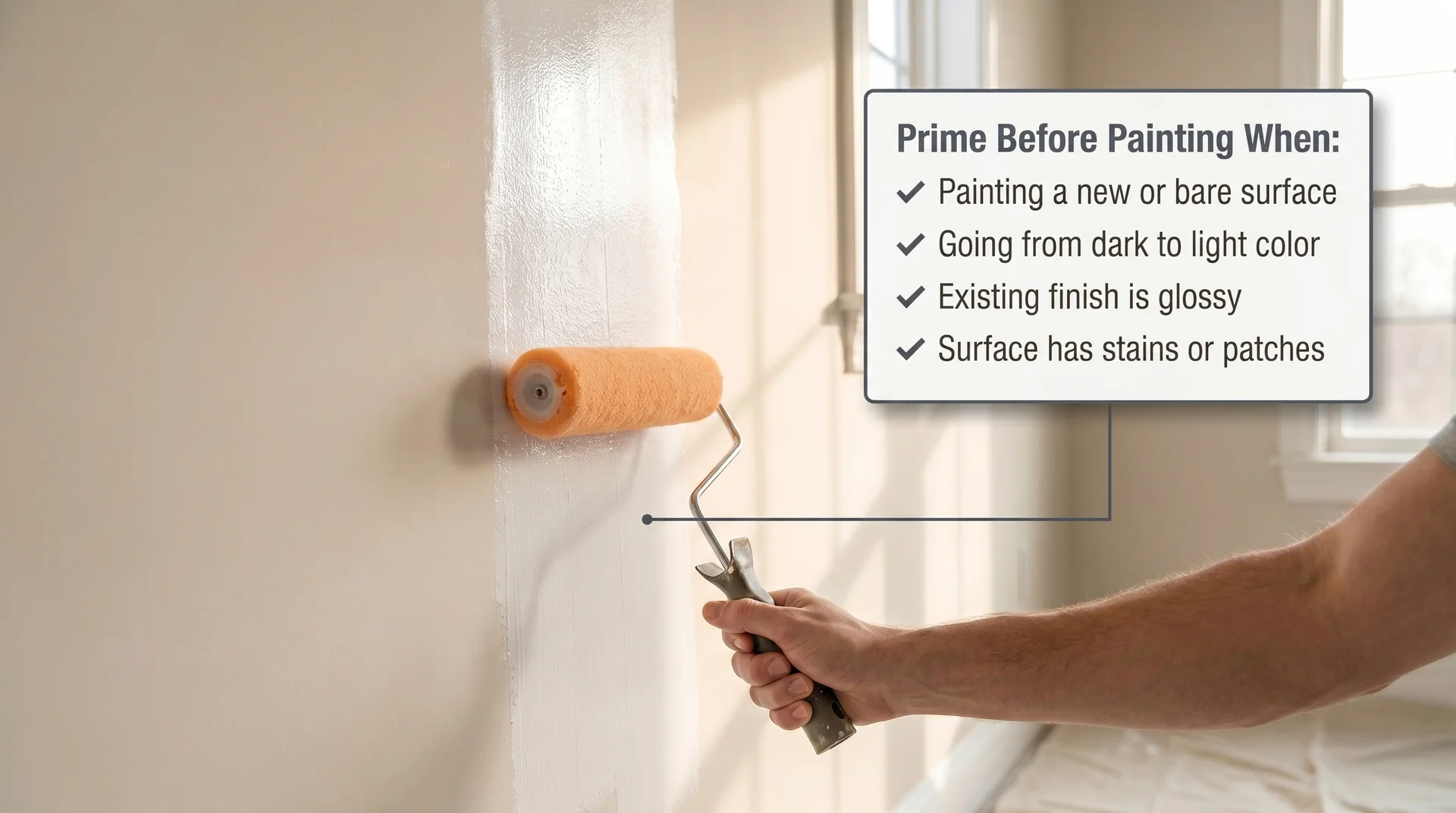 Paint roller applying white primer to a drywall wall with an annotation showing when priming is required before painting