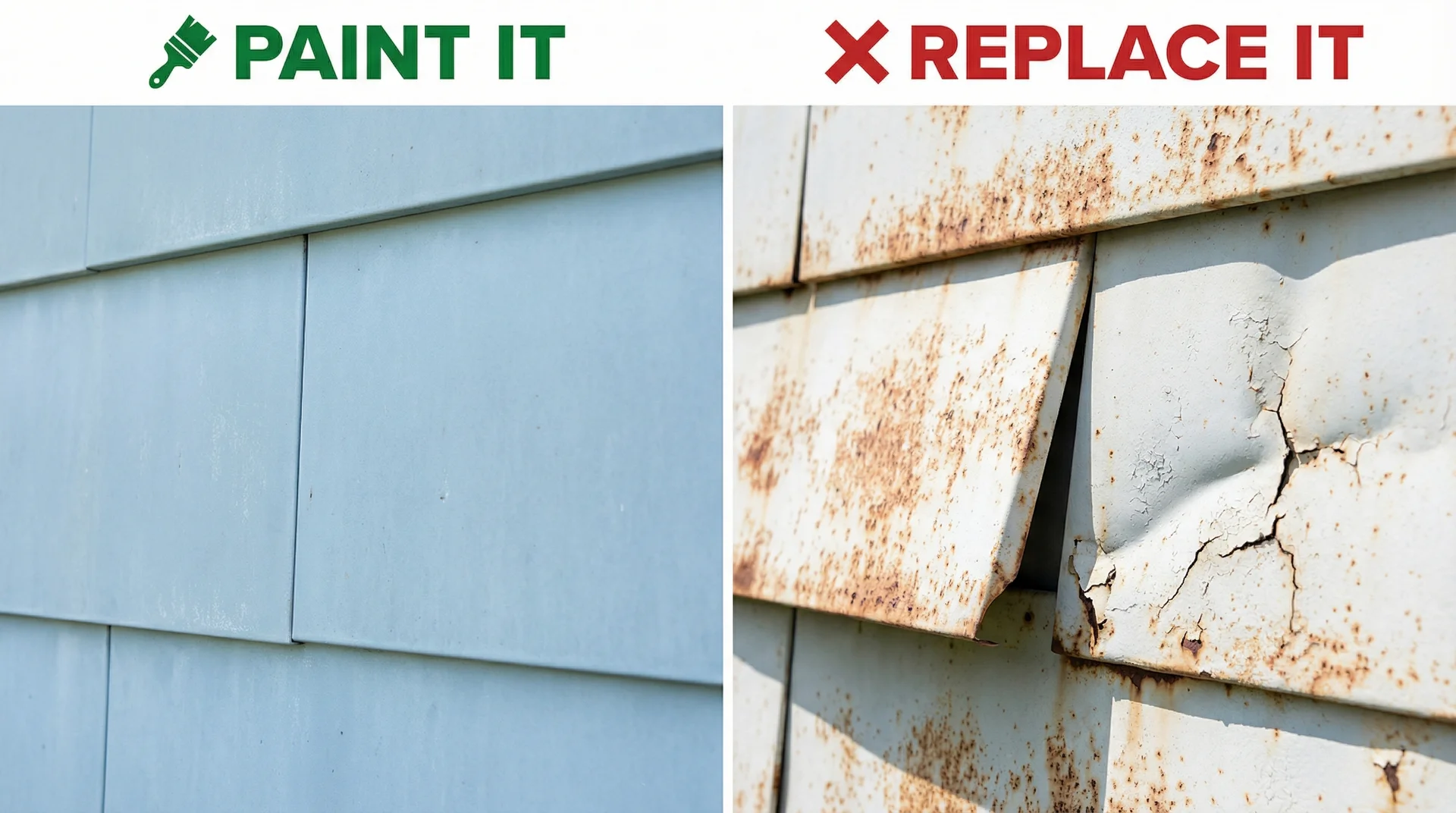 Paintable aluminum siding with mild fade on left versus corroded warped siding needing replacement on right