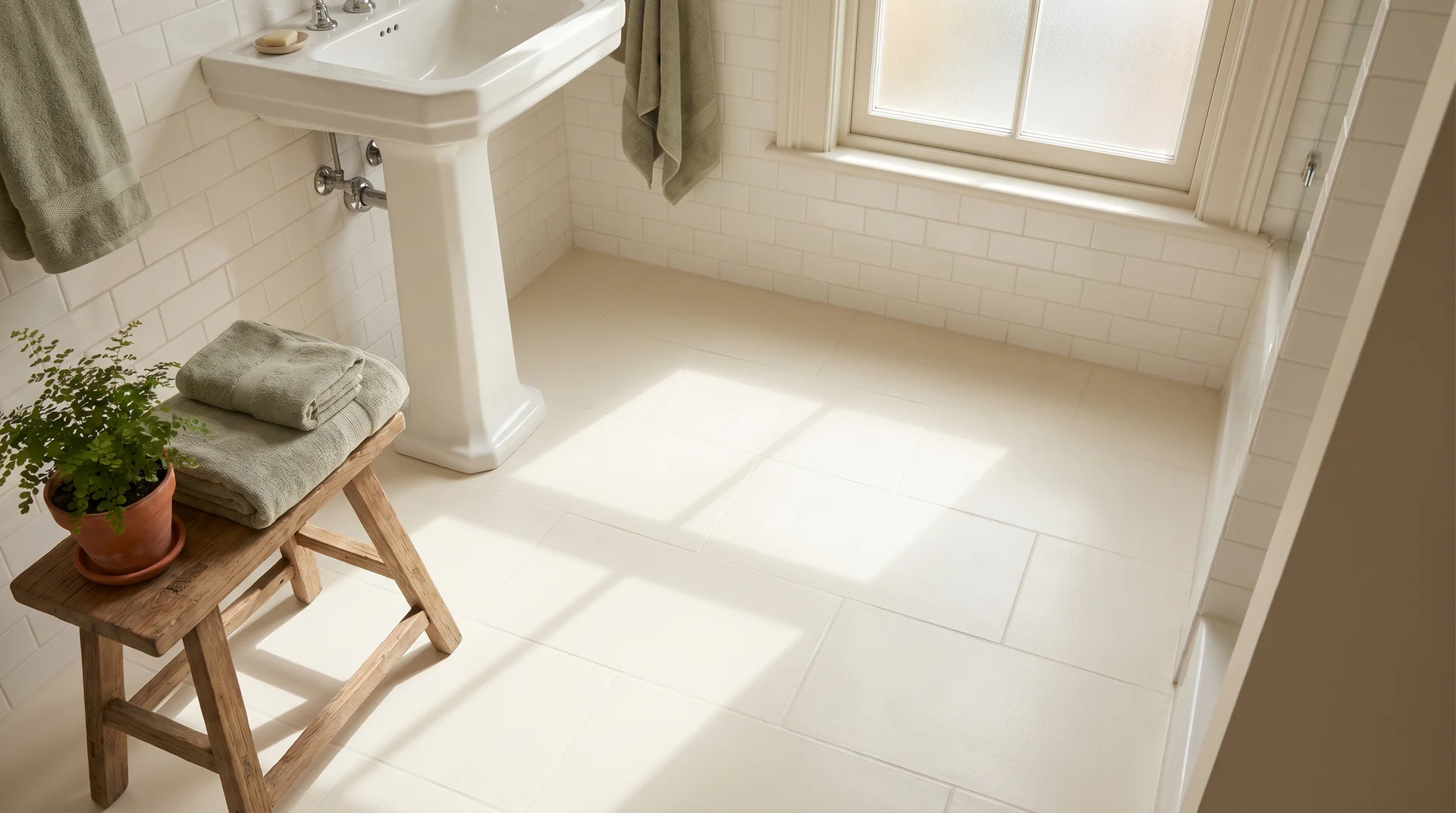 Painted ceramic tile floor in warm white inside a bright styled bathroom with white walls, linen towels, and natural light