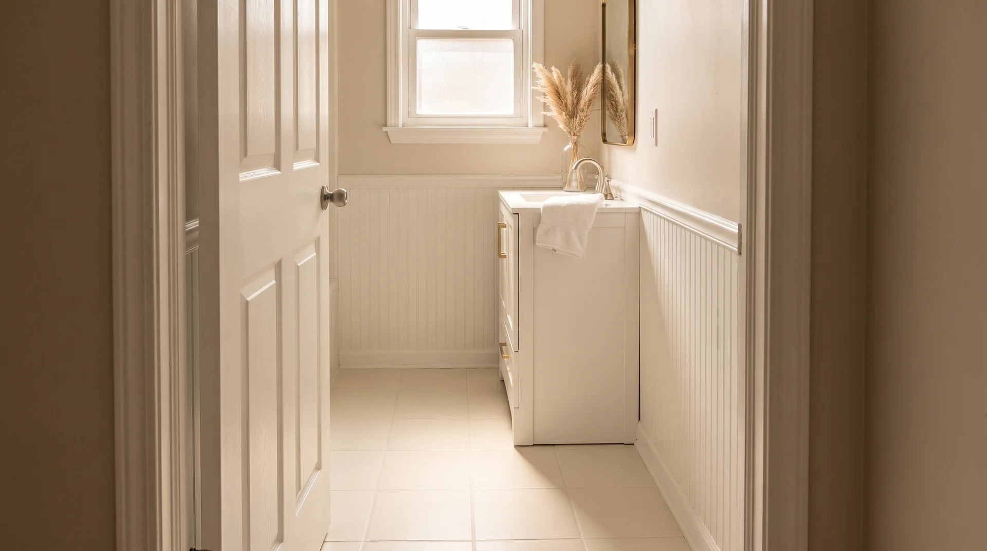 Painted ceramic tile floor in warm white inside a styled bathroom with white paneling, brass fixtures, and natural light