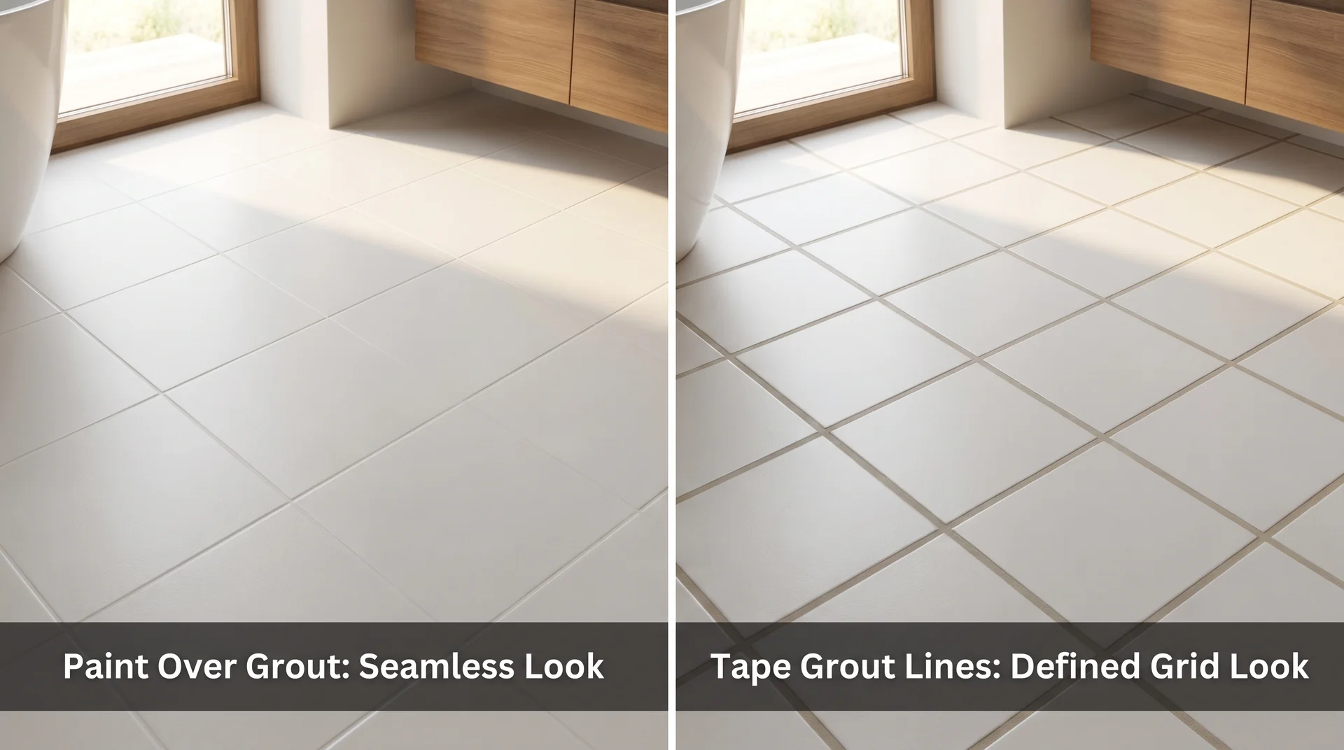 Painted tile floor split between seamless paint-over-grout finish on left and defined grout grid look on right