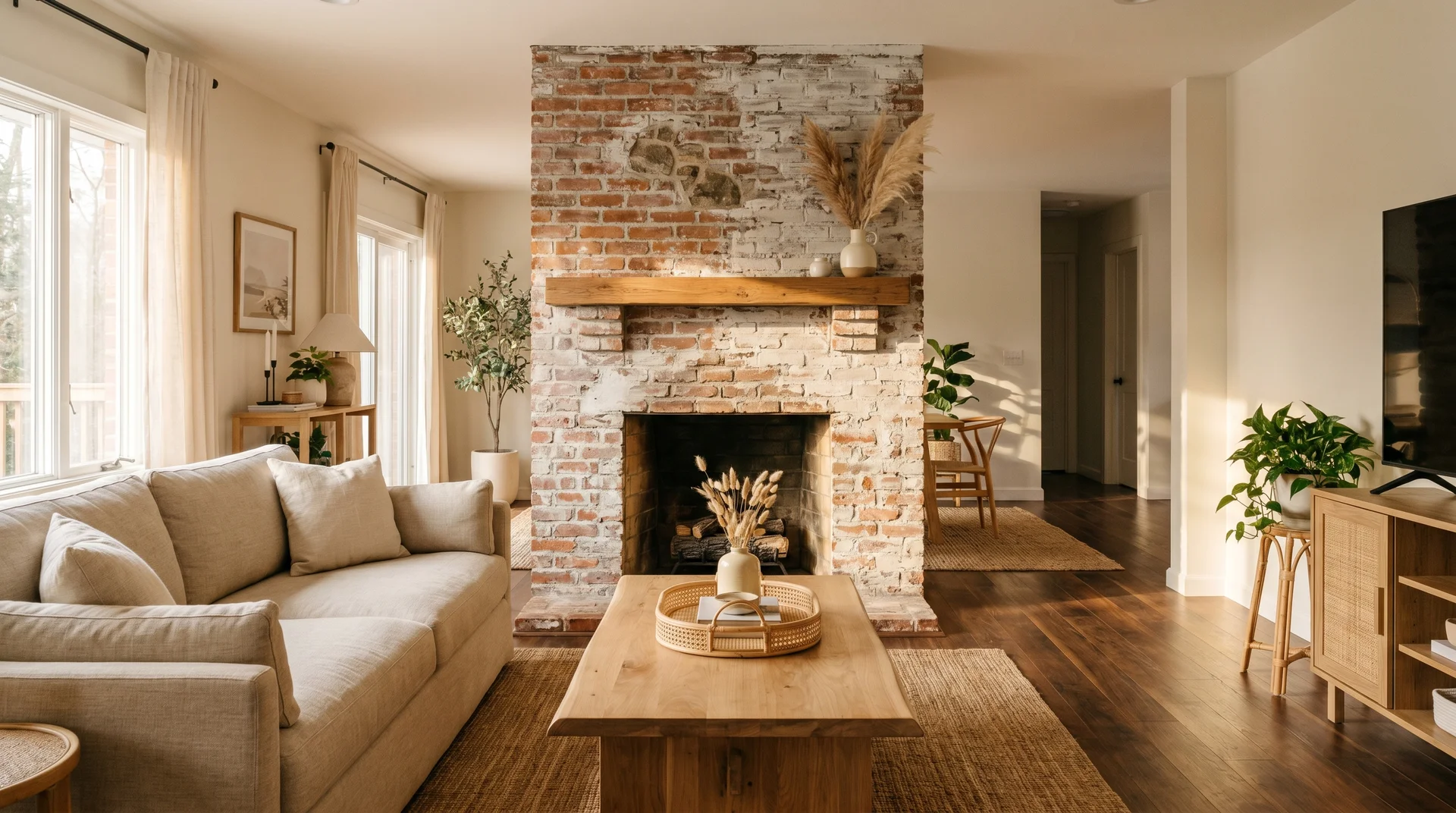 Partial whitewash brick fireplace with warm brick undertones showing through, styled with linen sofa and walnut floors