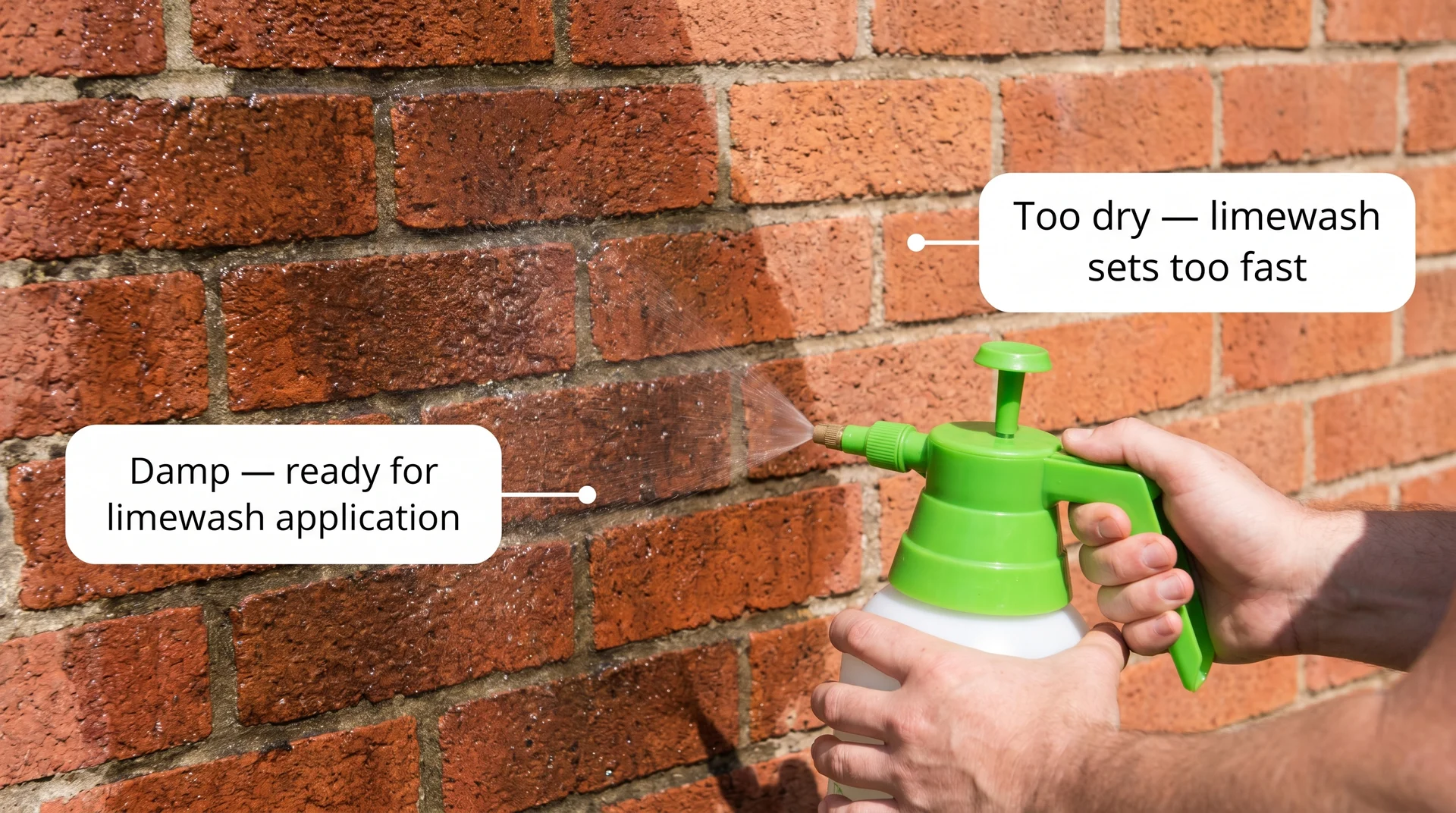 Person misting brick wall with pump sprayer showing damp darkened section ready for limewash next to dry untreated brick