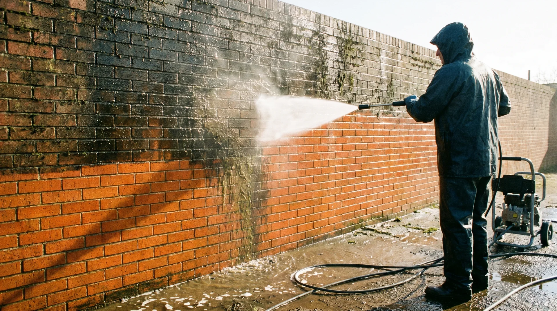 Person power washing a brick exterior wall showing clean lower half contrasting with dirty upper half in bright daylight