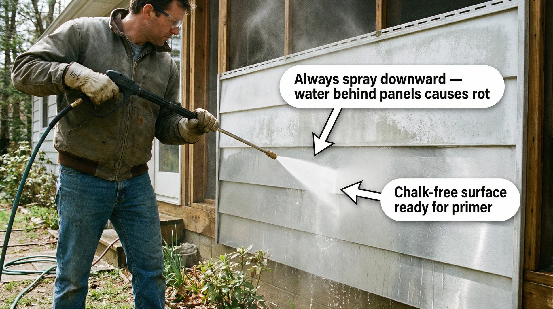 Person pressure washing aluminum siding at a downward angle, showing chalky surface being cleaned for painting prep