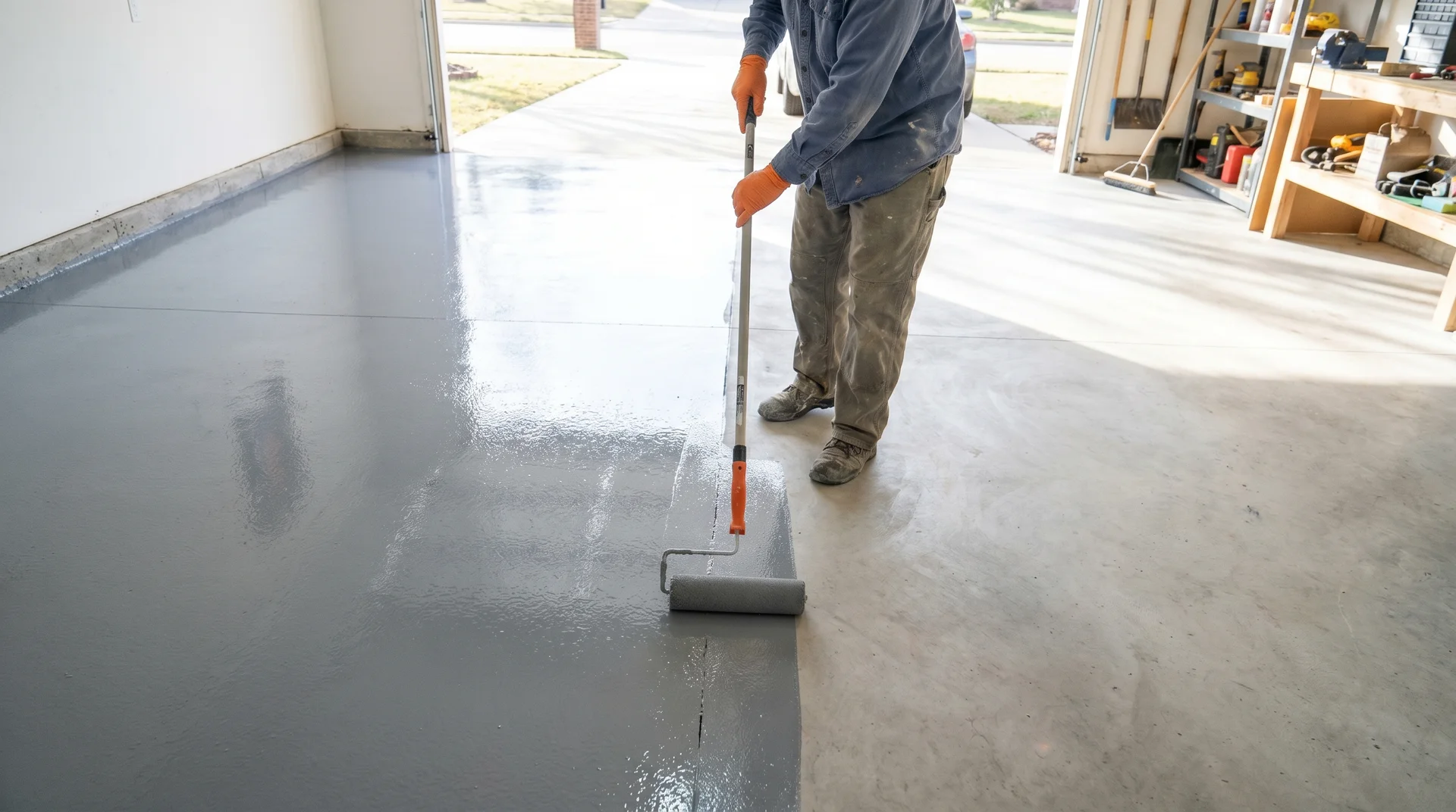 Person rolling grey epoxy paint onto a clean concrete garage floor, showing the smooth wet coating mid-application