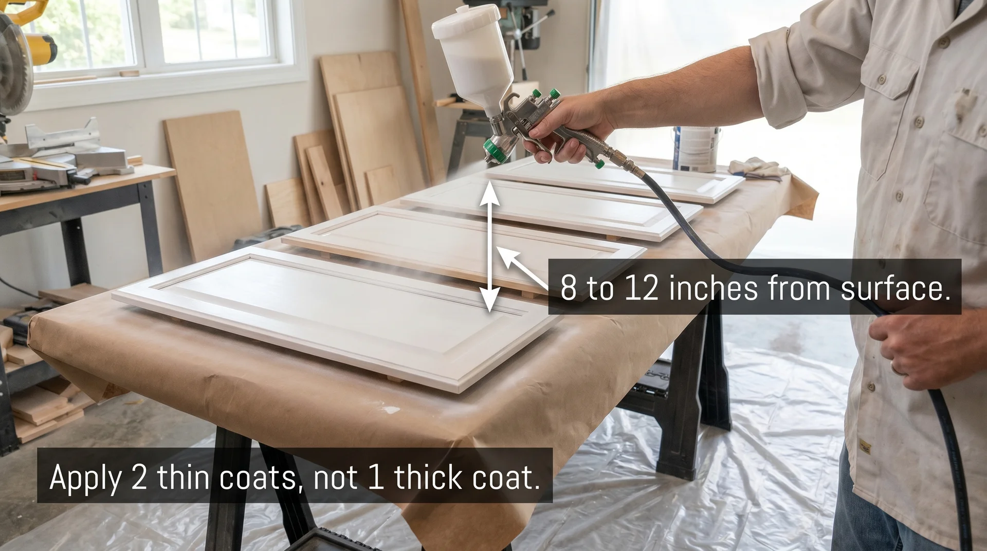 Person spraying urethane paint on cabinet doors with annotation showing correct sprayer distance from surface
