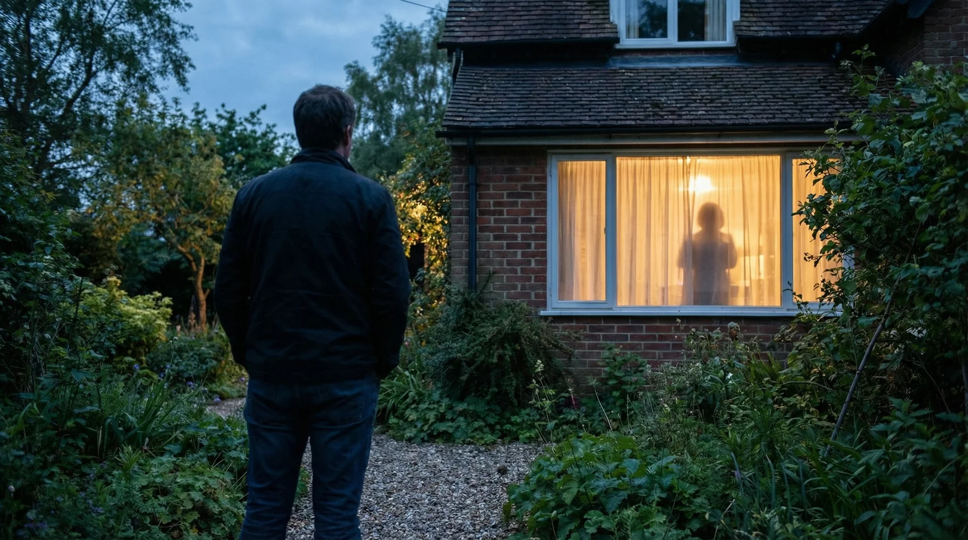 Person standing outside at dusk checking privacy visibility through sheer curtains from garden path