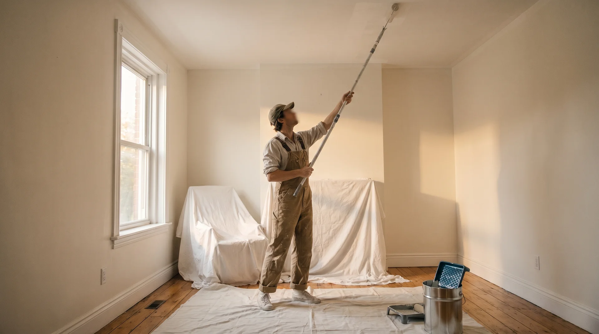 Person using an extension pole to paint a white ceiling from the floor with a roller, no ladder in use