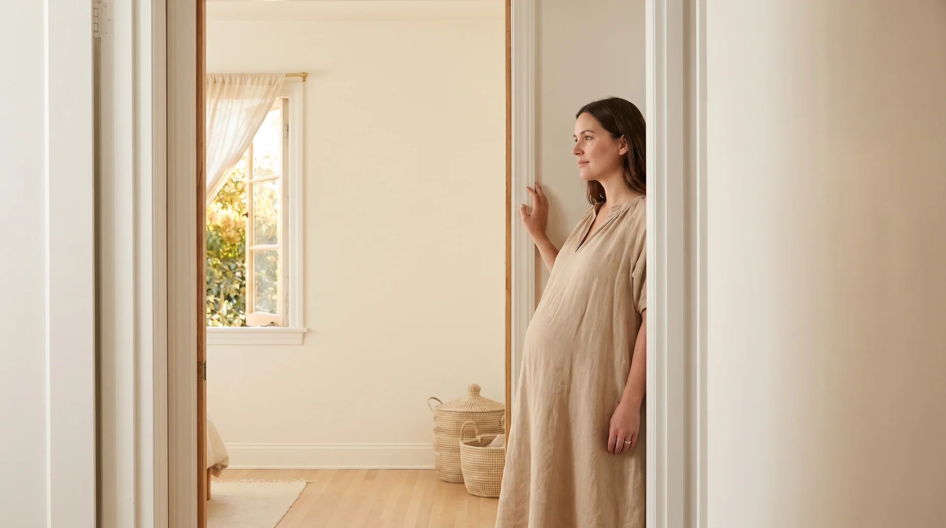 Pregnant woman standing at doorway looking into freshly painted room with open window, keeping a safe distance