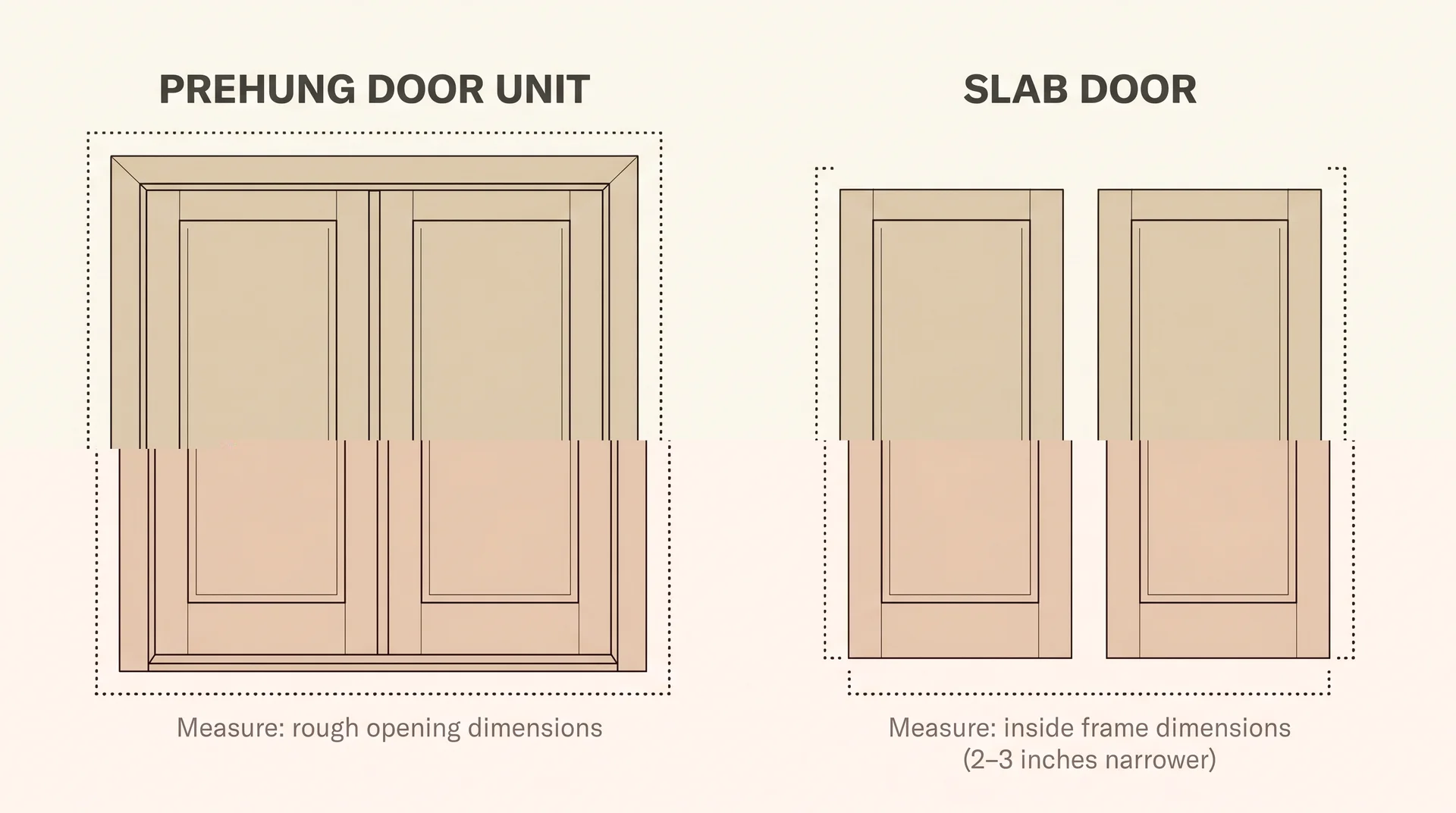 Prehung double door unit with full frame versus slab door panels only, with measurement type labeled for each