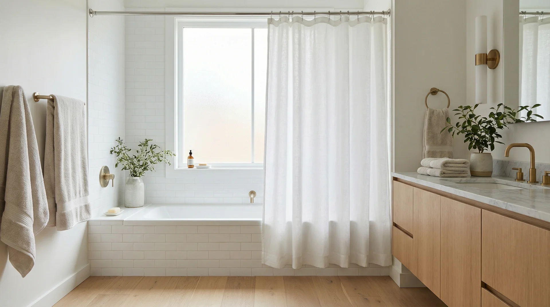 Properly sized shower curtain hanging over a standard alcove bathtub in a bright modern bathroom