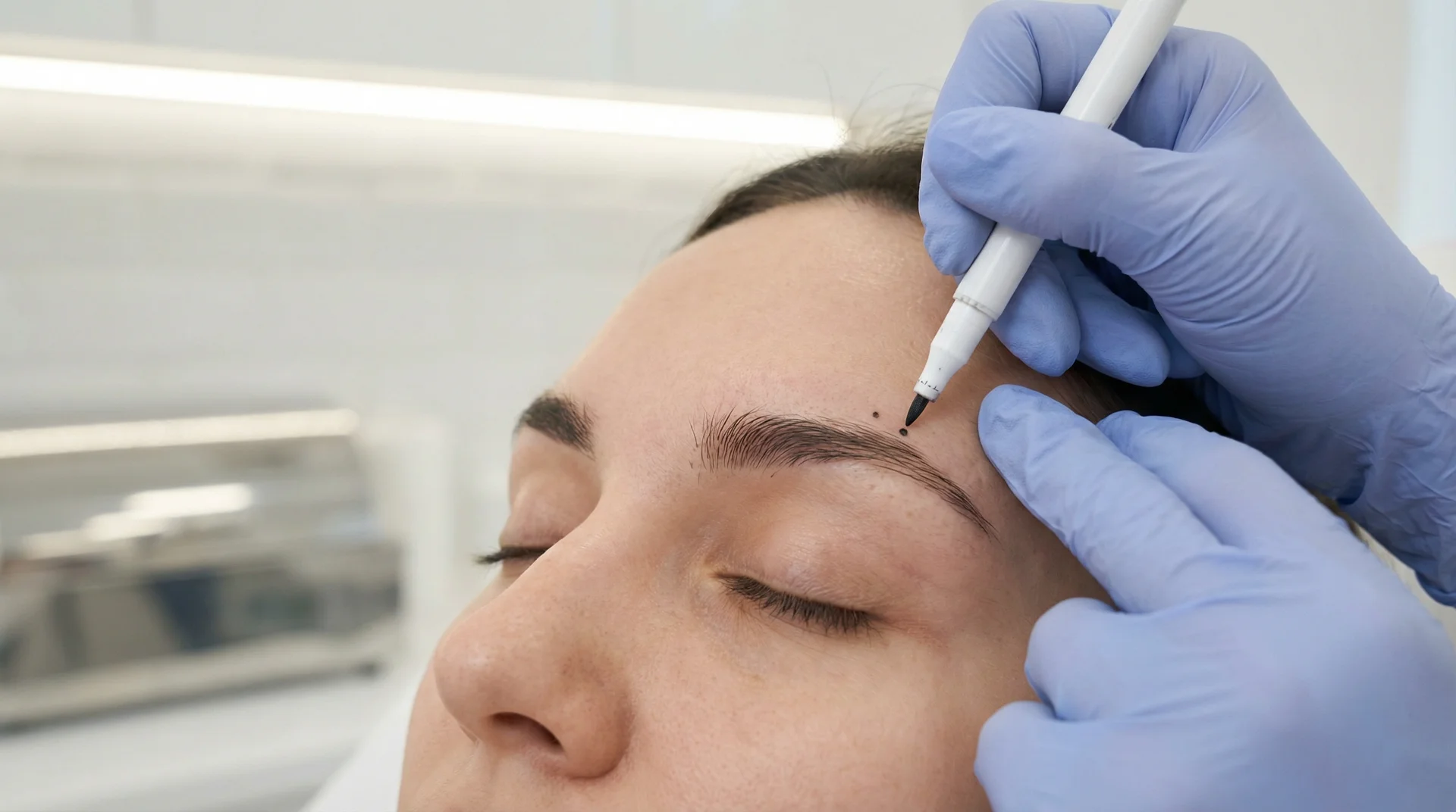 Provider marking brow area with a cosmetic pen before a thread brow lift consultation
