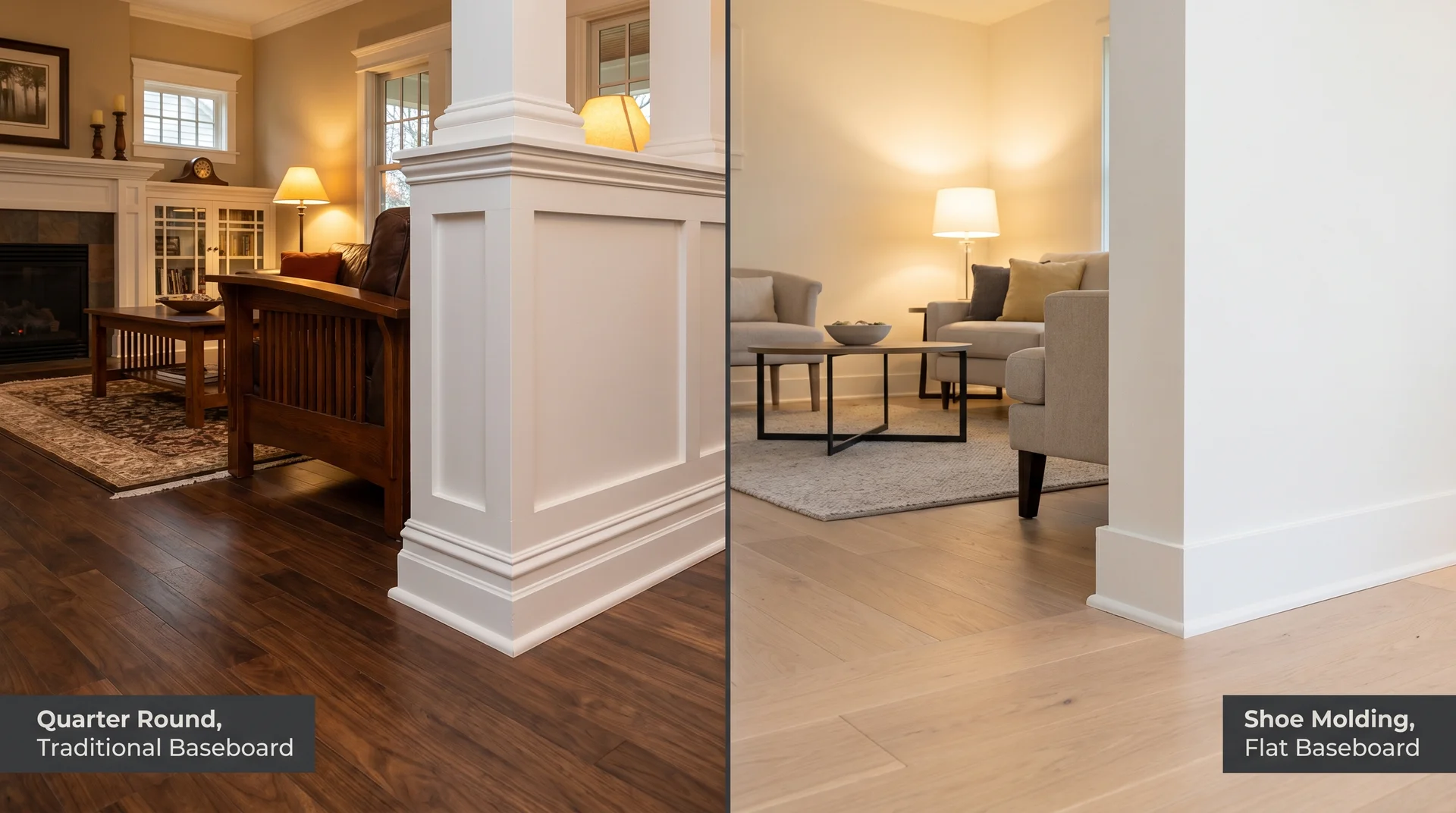 Quarter round on decorative baseboard left vs shoe molding on flat modern baseboard right, in contrasting room styles