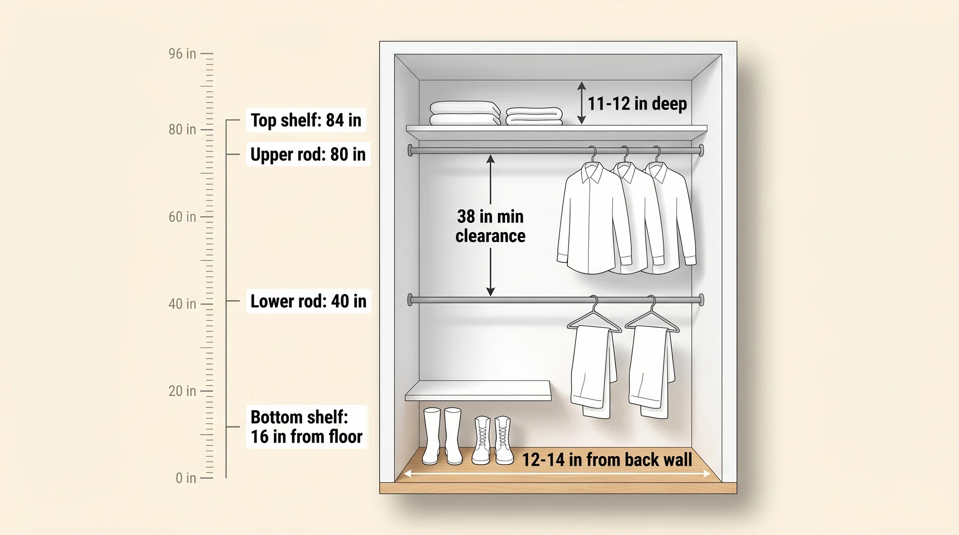 Reach-in closet diagram with rod heights, shelf spacing, floor clearance, and rod distance from back wall labeled