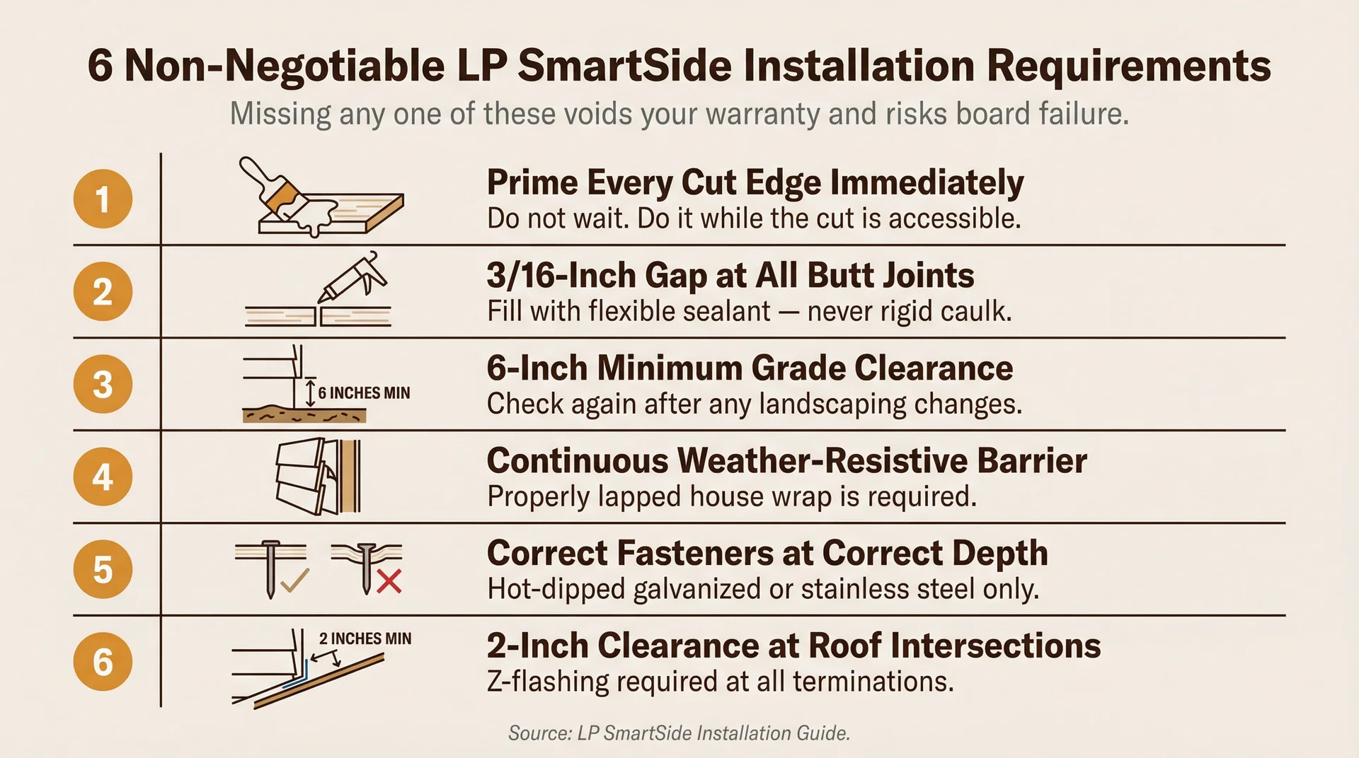 Reference card listing 6 LP SmartSide installation requirements including cut-edge priming and grade clearance