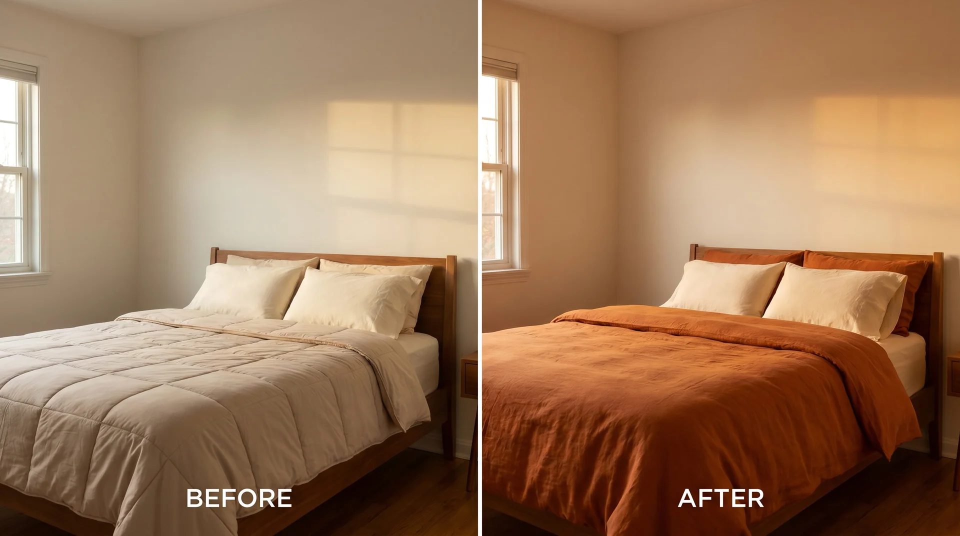 Rental bedroom transformed by a burnt orange linen duvet cover paired with cream pillowcases on a plain bed
