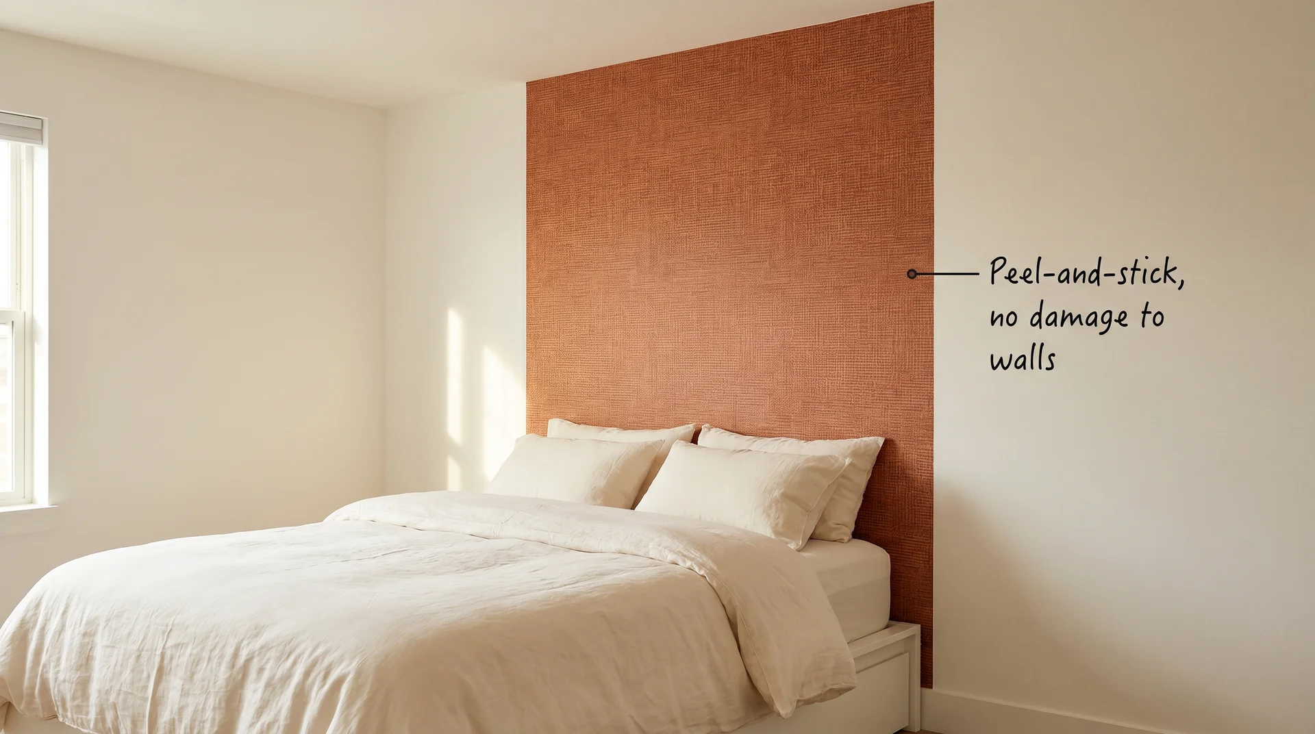 Rental bedroom with peel-and-stick burnt orange wallpaper panel on headboard wall and cream linen bedding
