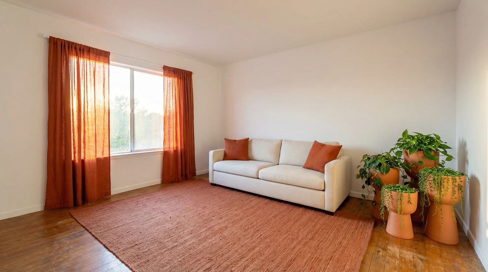 Renter-friendly rustic burnt orange living room with linen curtains, terracotta rug and plant cluster on plain white walls