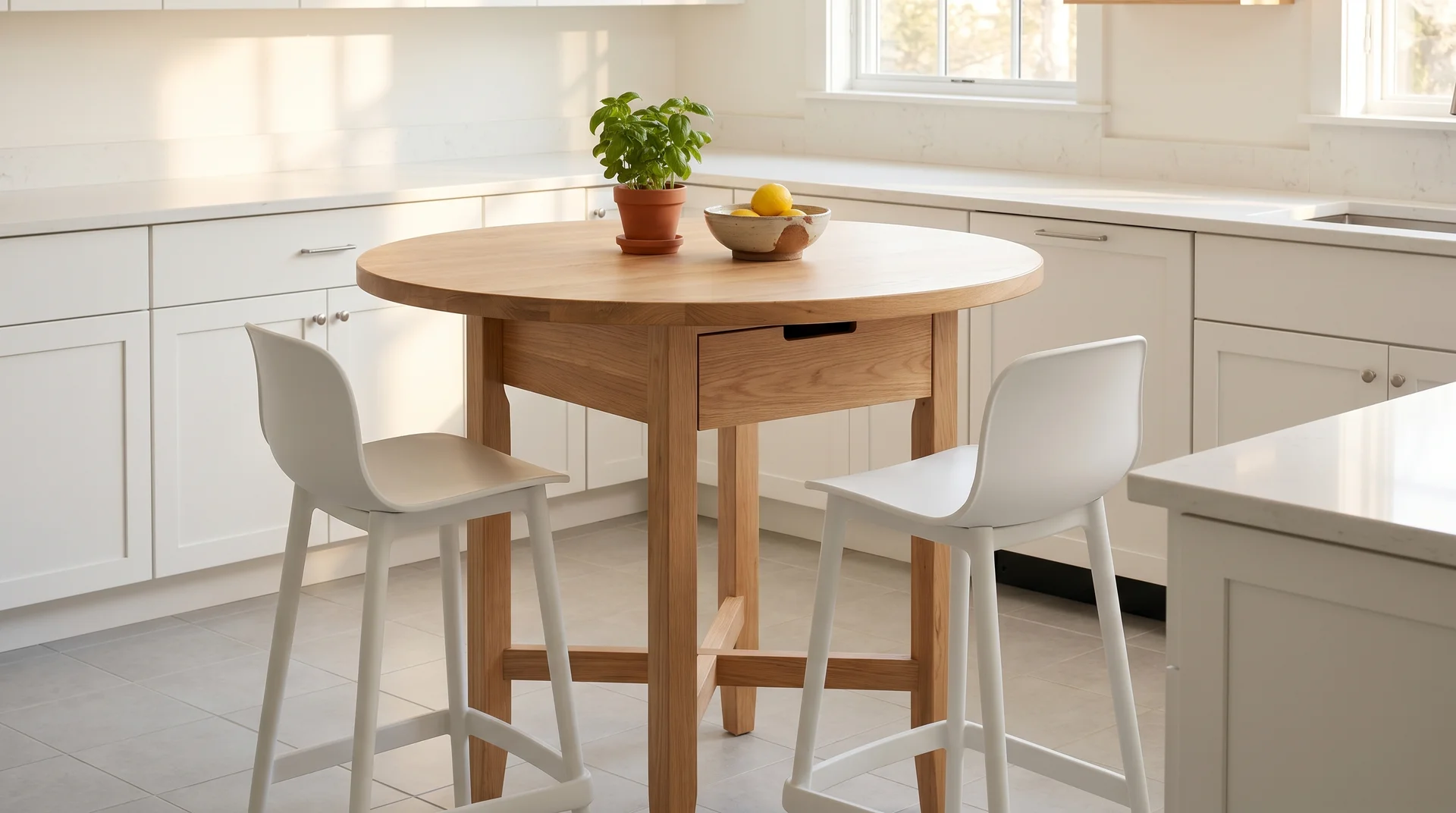 Round counter height table with two white counter stools used as a kitchen island alternative in a small white kitchen