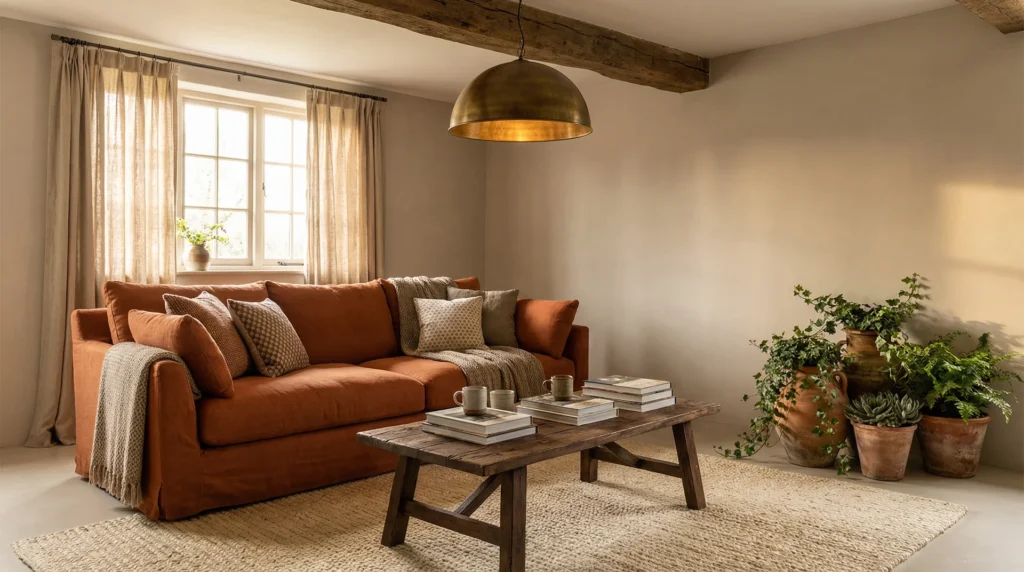 Rustic burnt orange living room with linen sofa, jute rug, reclaimed wood coffee table and aged brass pendant light