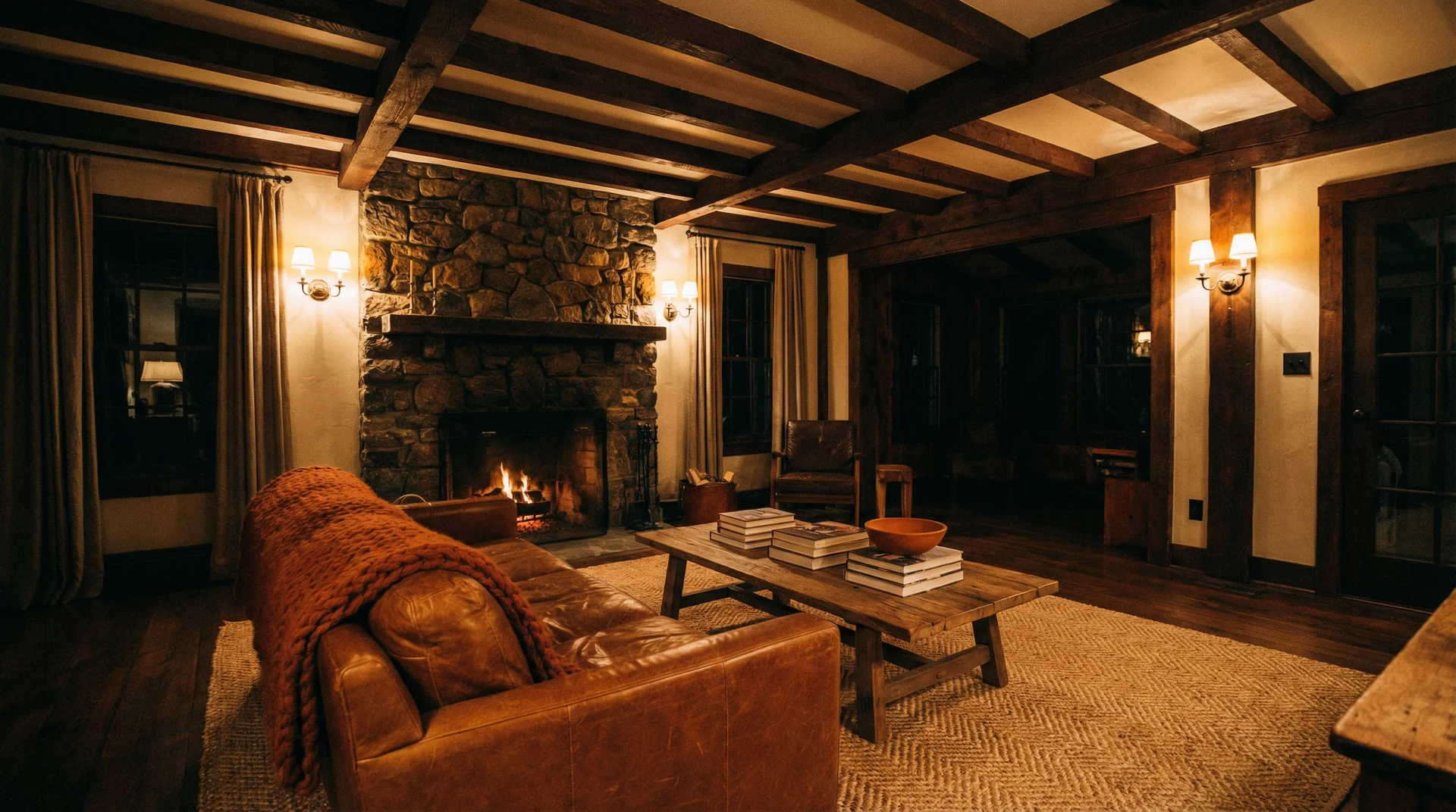 Rustic cabin living room with cognac leather sofa, burnt orange wool throw, stone fireplace and dark walnut ceiling beams