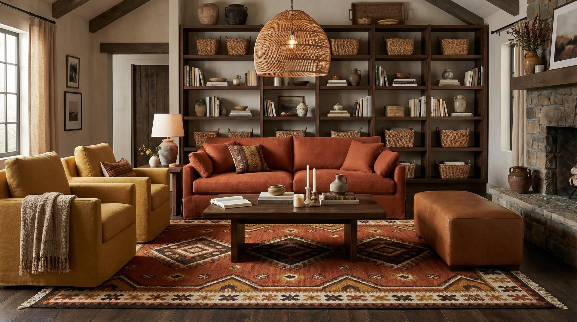 Rustic living room with burnt orange sofa, mustard yellow armchairs and deep patterned rug in orange, mustard and brown tones
