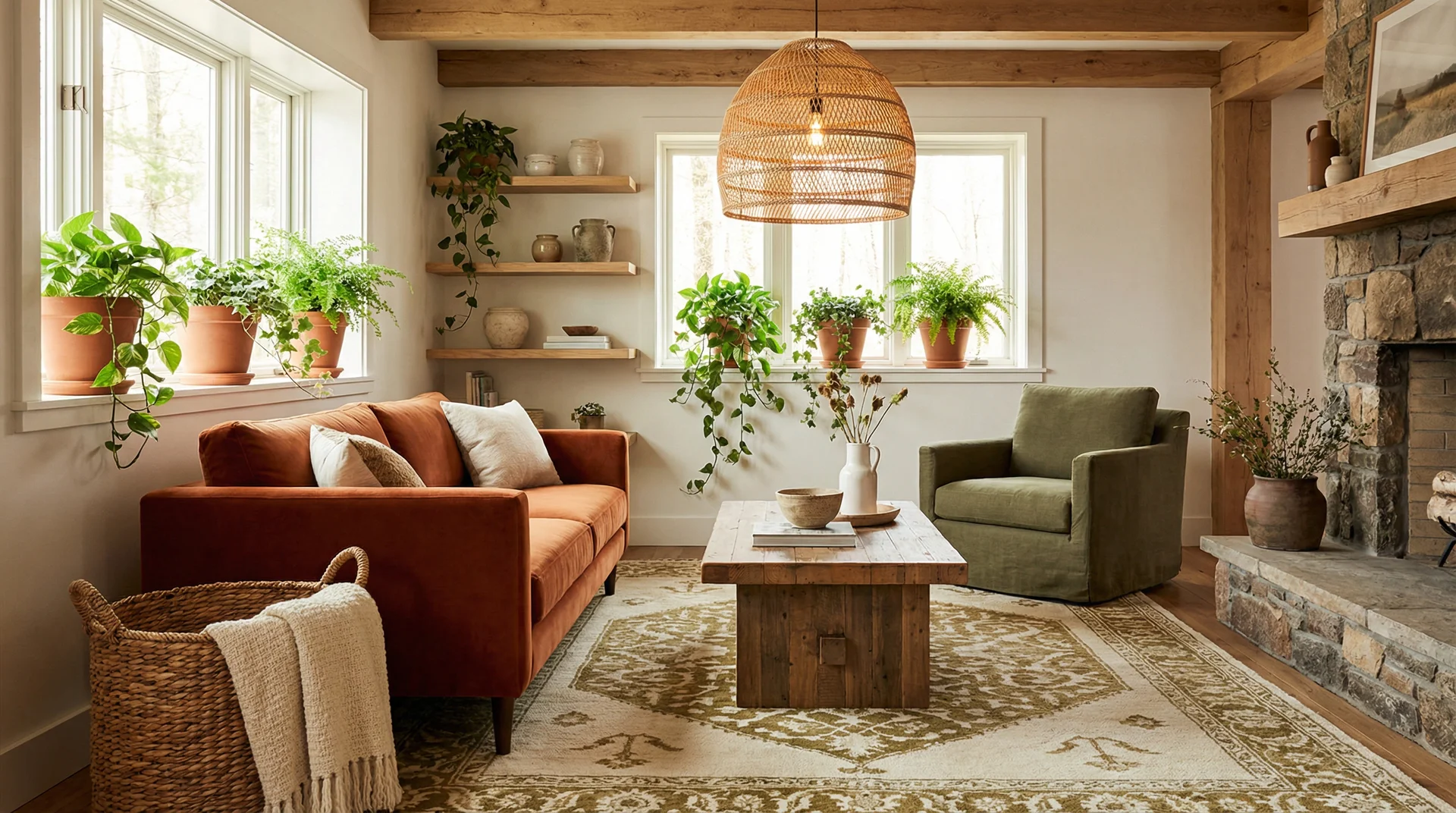 Rustic living room with burnt orange sofa, olive green armchair, terracotta planters and rattan pendant lamp