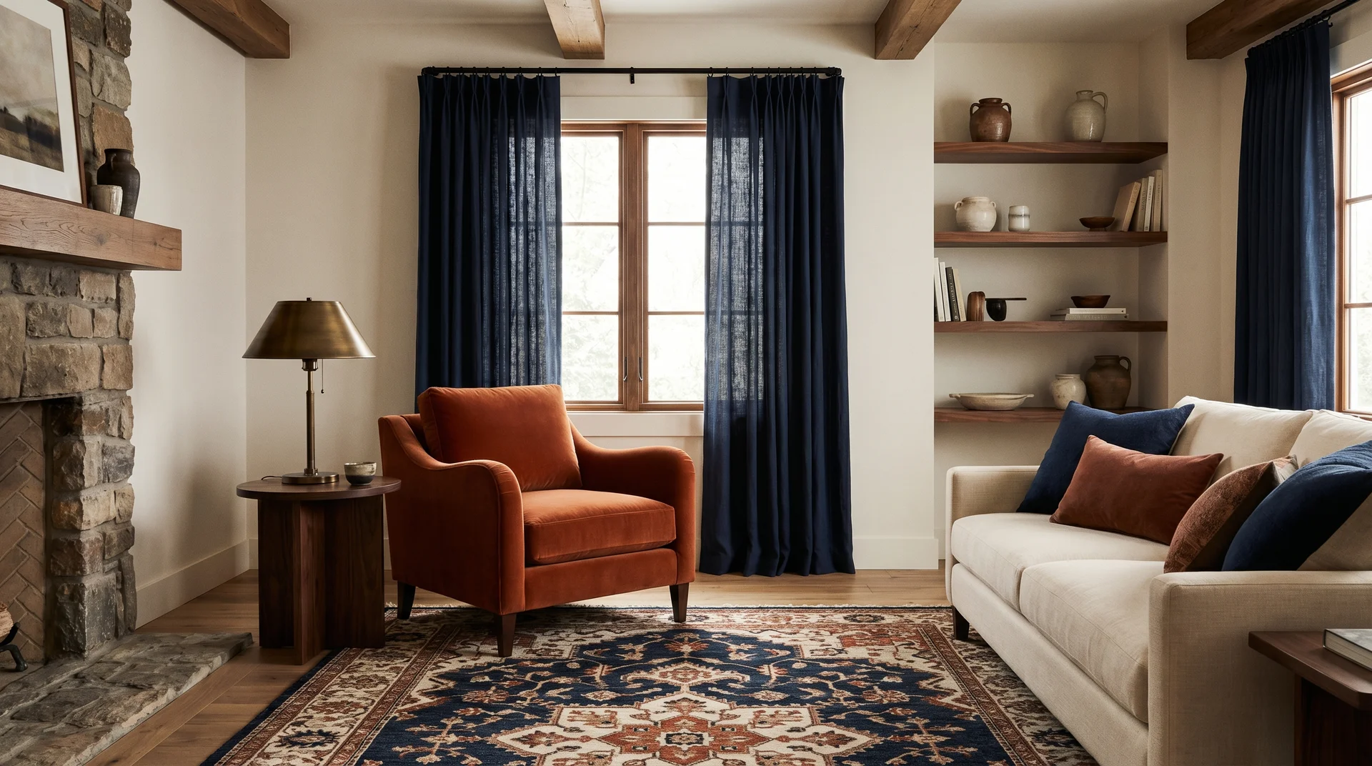 Rustic living room with burnt orange velvet armchair, navy linen curtains, walnut shelving and patterned area rug