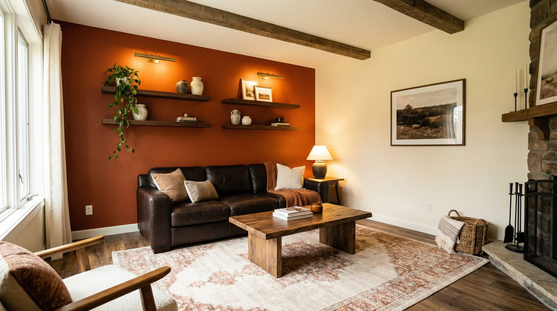 Rustic living room with deep burnt orange accent wall, dark leather sofa, reclaimed walnut coffee table and brass shelf lighting