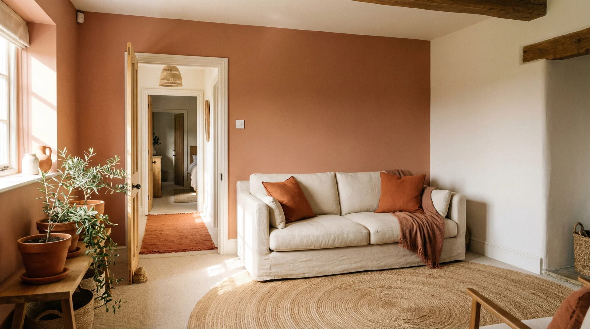 Rustic living room with dusty terracotta walls, cream linen sofa and burnt orange cushions with terracotta plant pots