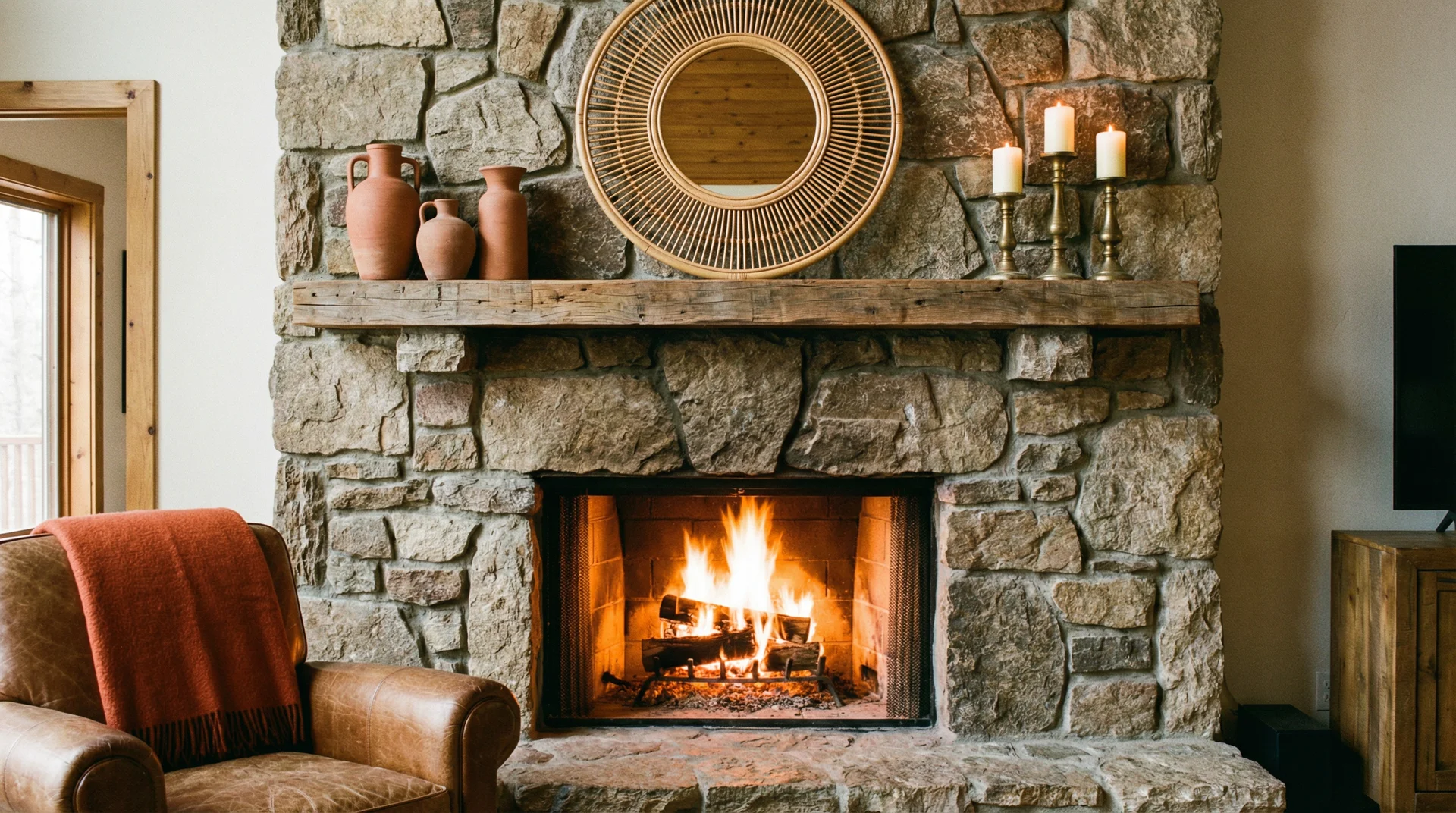 Rustic stone fireplace styled with terracotta vessels, circular rattan mirror and aged brass candle holders on the mantle