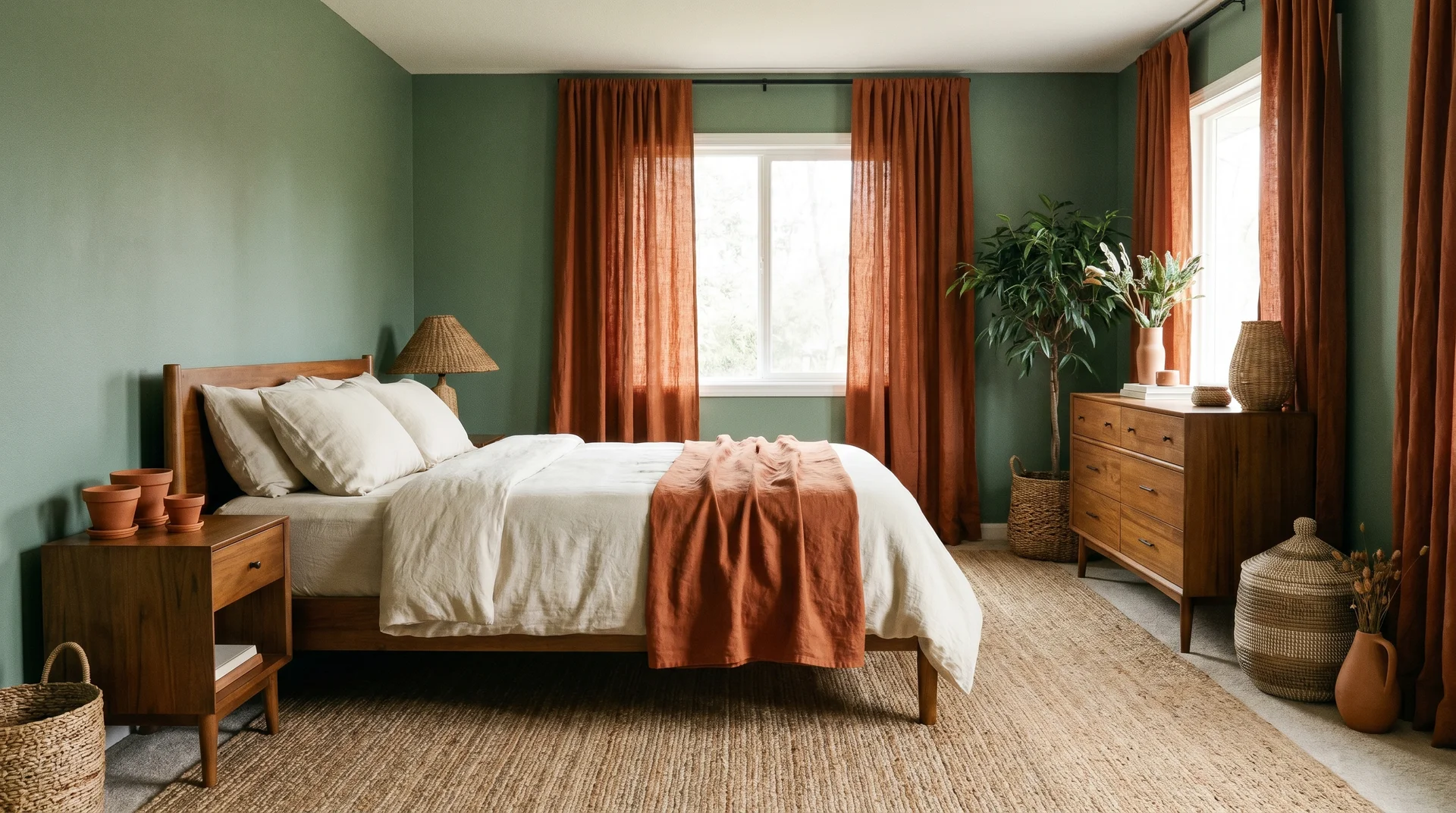 Sage green bedroom walls with burnt orange linen curtains, jute rug, cream bedding, and terracotta pots 