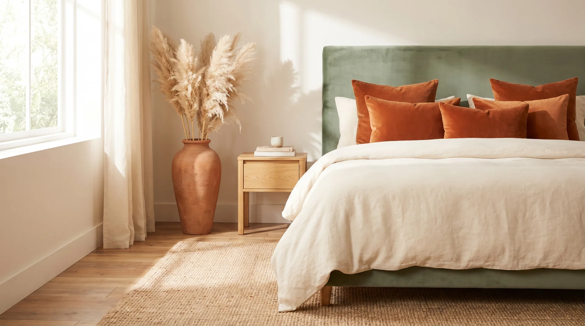 Sage green velvet headboard with burnt orange cushions and tall pampas grass in terracotta vase beside bed 