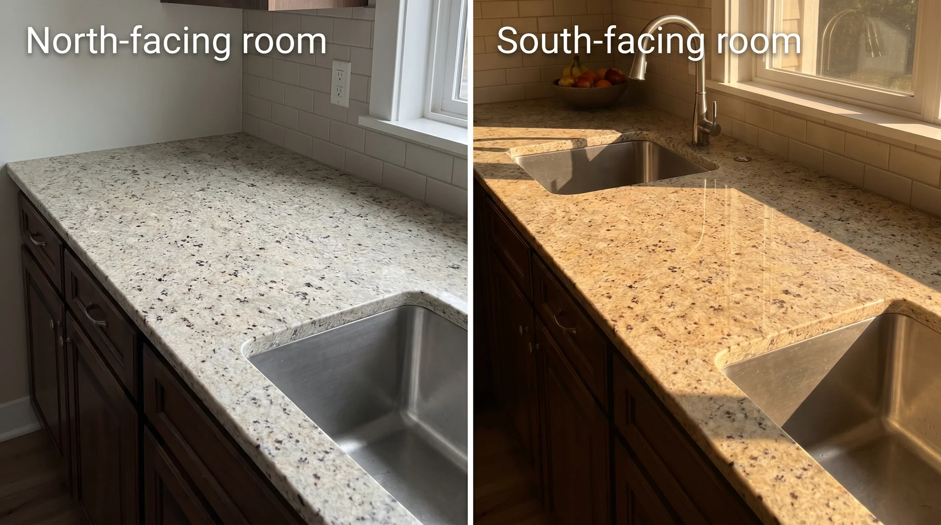 Same Colonial White granite slab shown under cool north-facing light on left and warm south-facing sunlight on right