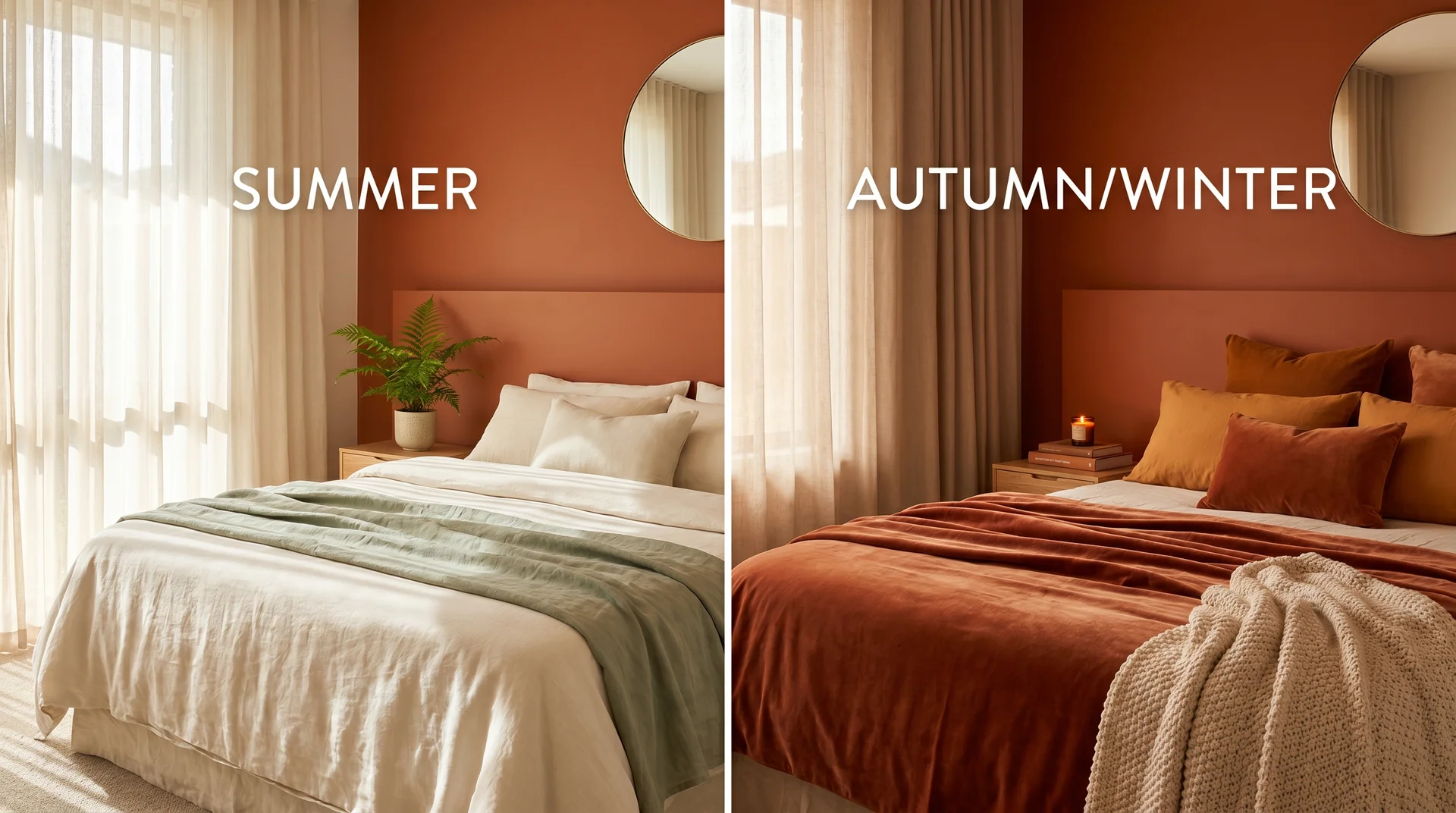 Same burnt orange bedroom shown in summer and autumn-winter seasonal styling with different textures and layers