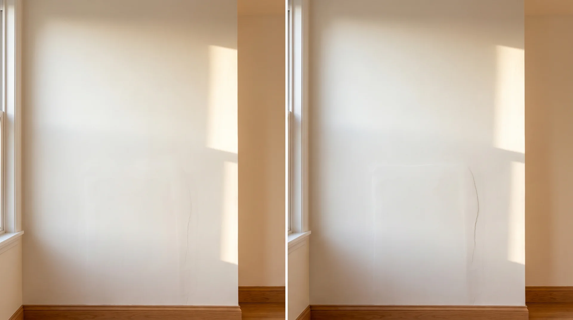 Same patched wall under raking light: flat paint hides the repair on the left, matte paint shows it slightly on the right