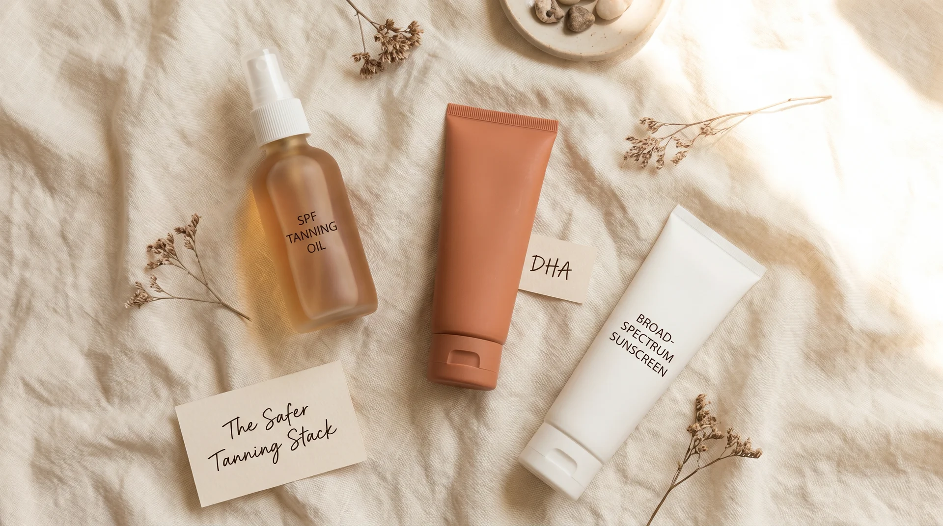 Self-tanner, SPF tanning oil, and sunscreen arranged as a safer tanning alternative trio
