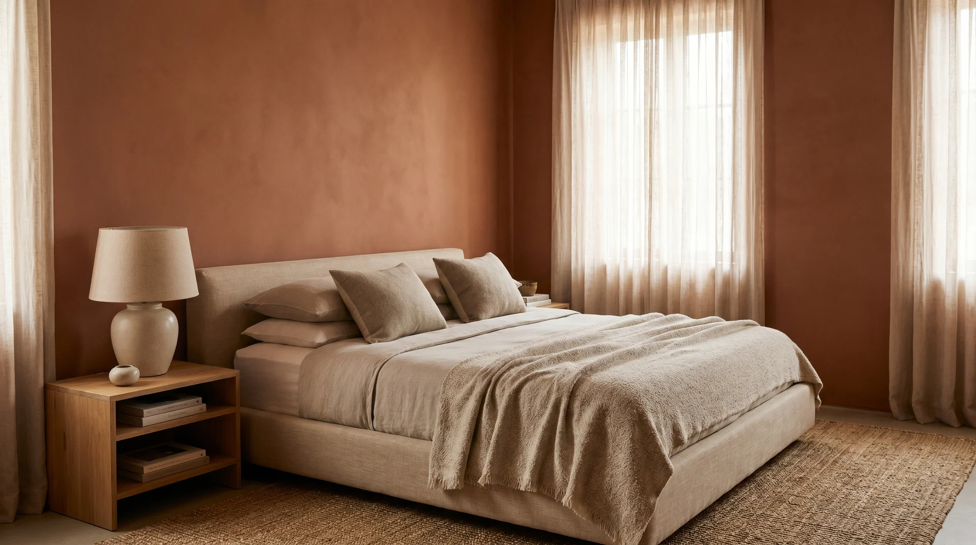 Serene bedroom with warm clay matte walls in morning light showing the soft velvety quality of a matte paint finish
