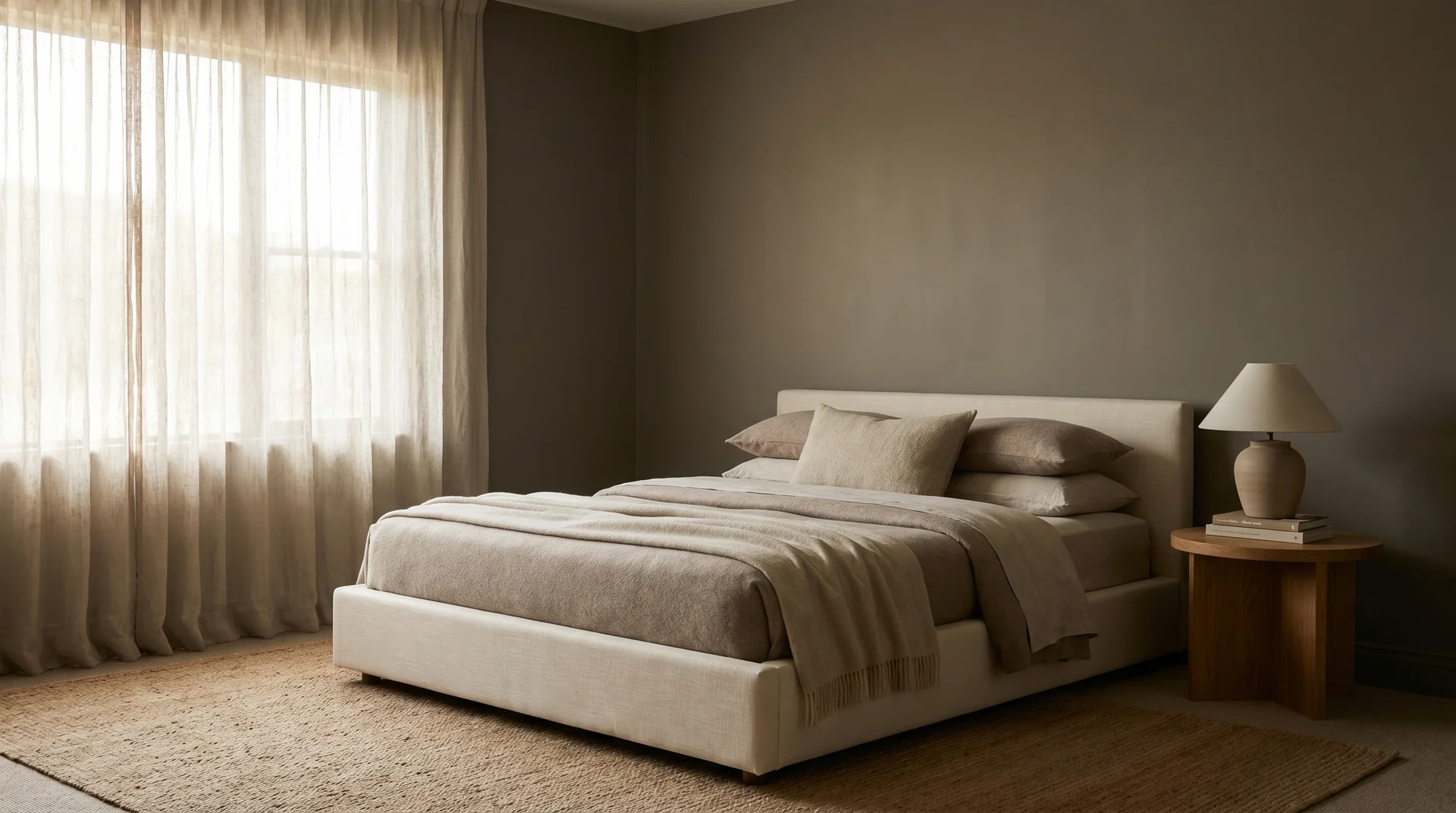 Serene master bedroom with flat putty-painted walls, linen bedding, and morning light showing the velvety matte finish.