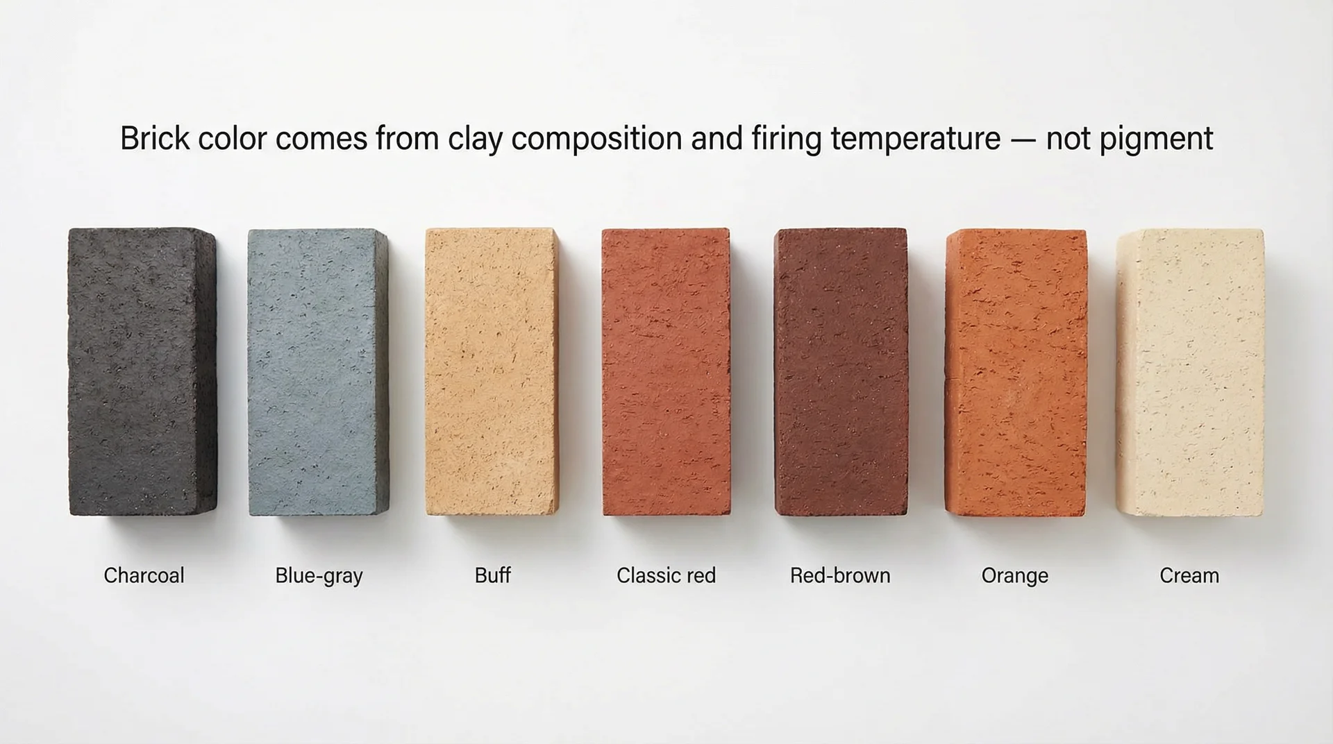 Seven face bricks showing the full natural color range from charcoal and gray to red, orange, buff, and cream
