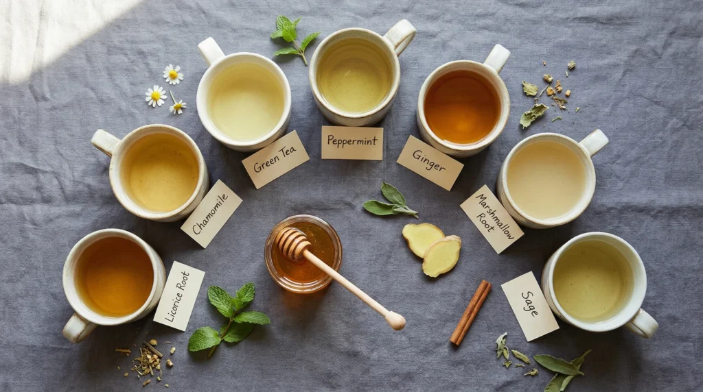 Seven herbal teas for sore throat including chamomile, green tea, peppermint, and ginger arranged as a flat-lay with honey
