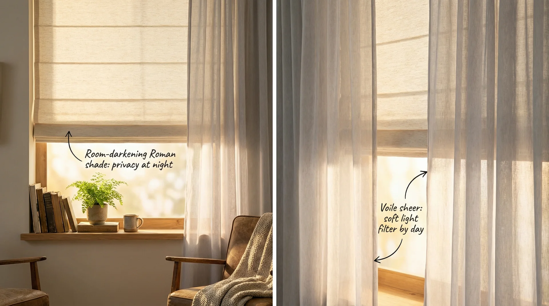 Sheer curtain layered over a cream Roman shade in a cozy reading nook window