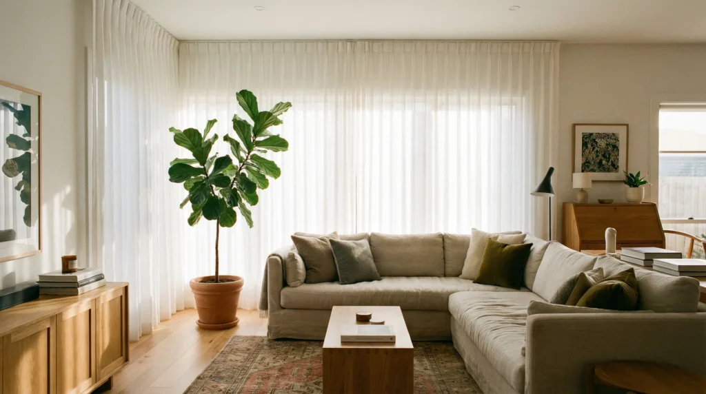 Sheer curtains on a sunlit living room window diffusing natural light softly